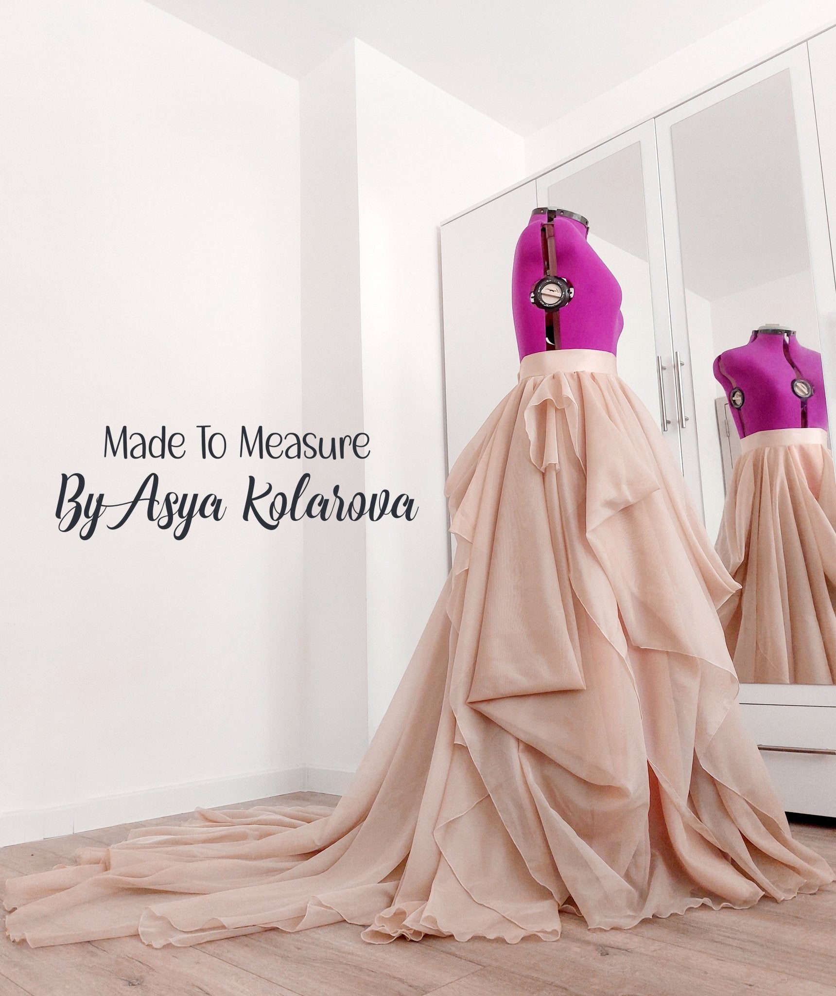 Draped Bridal Skirt with Long Train Full Wedding Skirt in Tan and Blush Colors Ceremony Photo Sessions Special Occasion Made To Measure - Made To Measure Skirts By Asya Kolarova