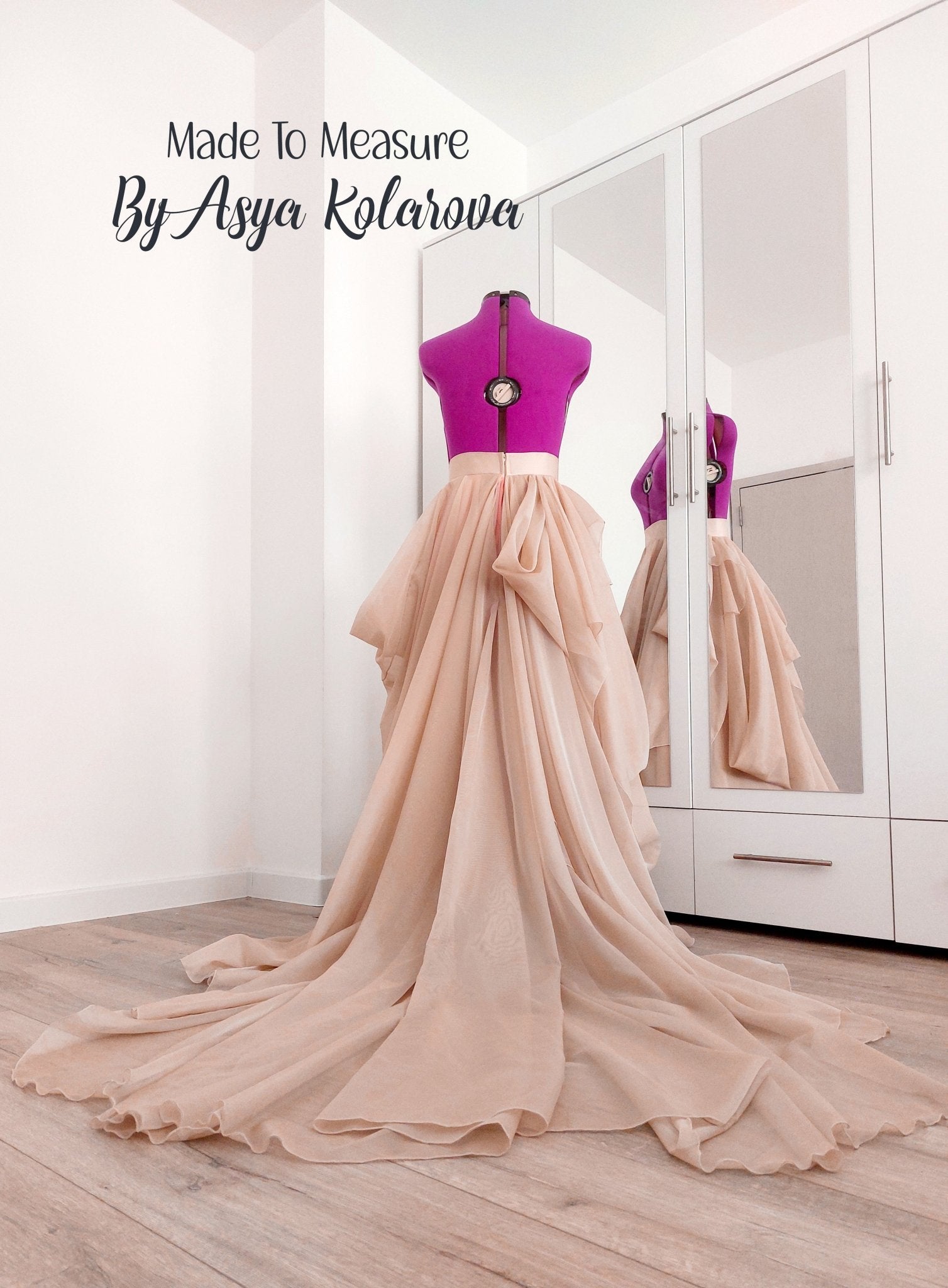 Draped Bridal Skirt with Long Train Full Wedding Skirt in Tan and Blush Colors Ceremony Photo Sessions Special Occasion Made To Measure - Made To Measure Skirts By Asya Kolarova