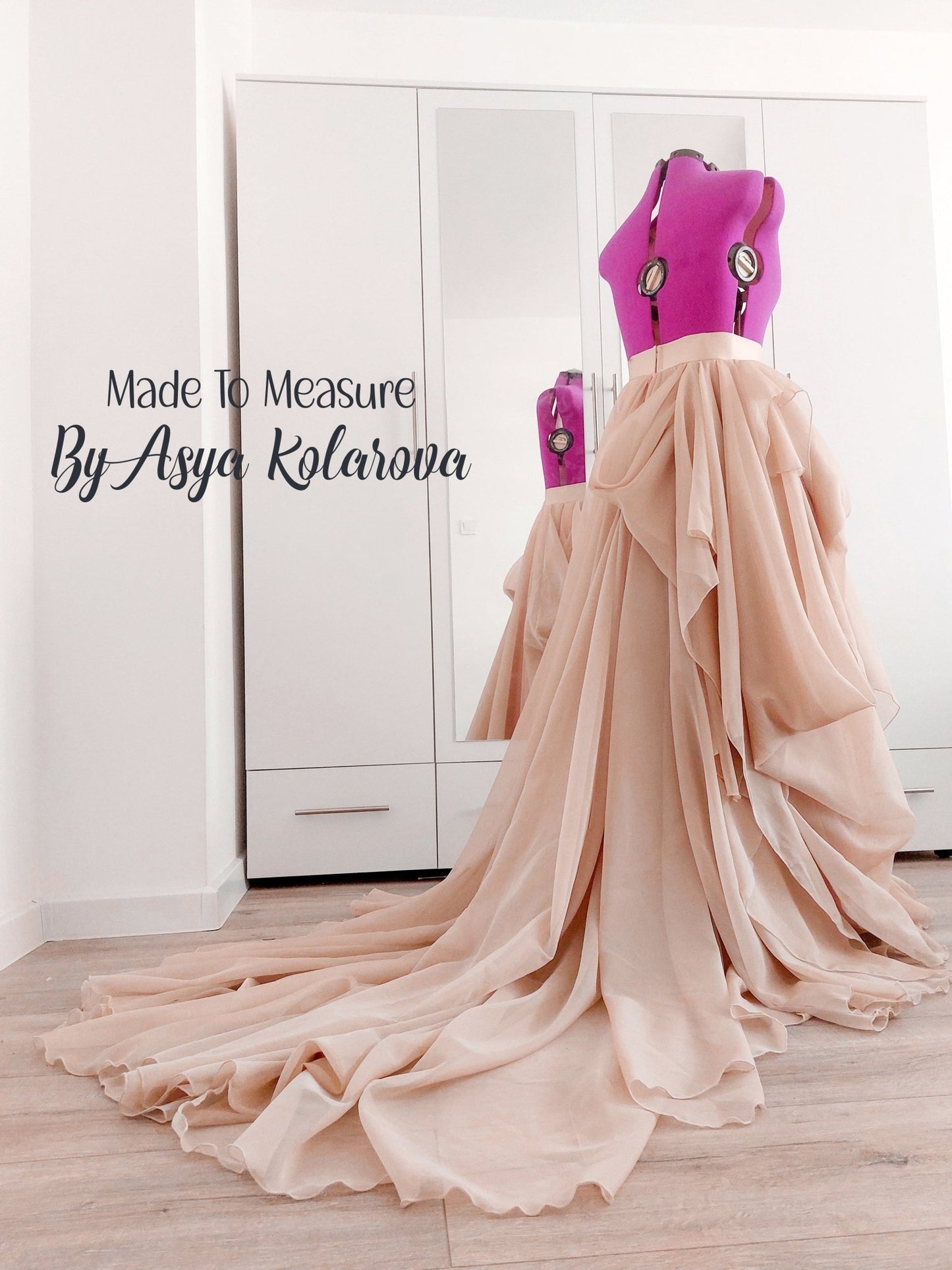 Draped Bridal Skirt with Long Train Full Wedding Skirt in Tan and Blush Colors Ceremony Photo Sessions Special Occasion Made To Measure - Made To Measure Skirts By Asya Kolarova