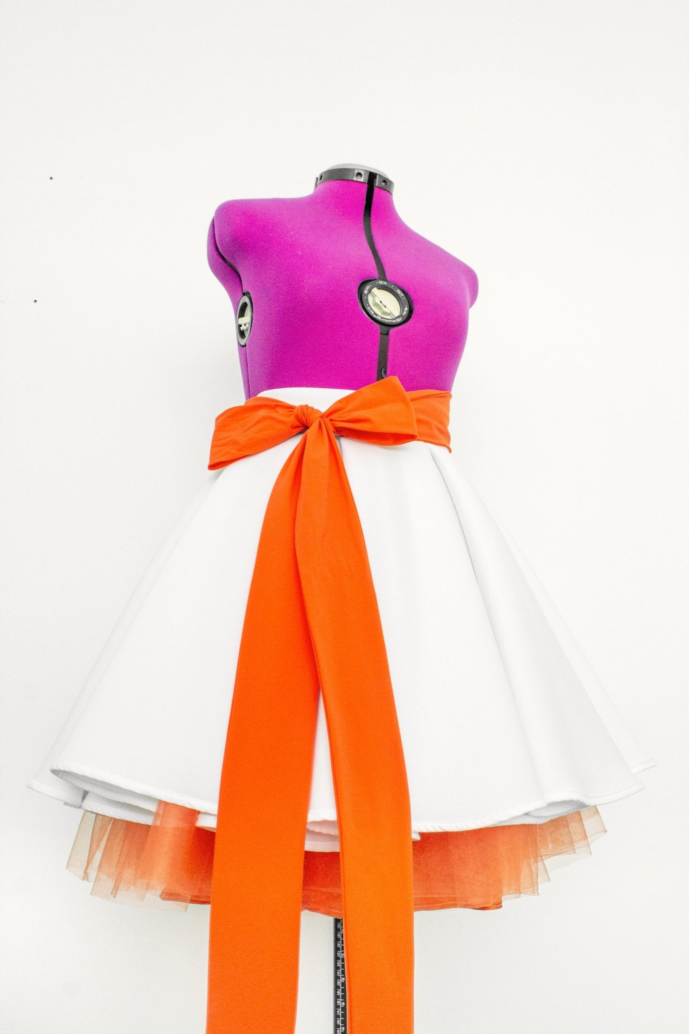 Elegant Mid - Length White Neoprene Skirt with Pleated Waist and Orange Tulle Underskirt and Long Soft Tie Bow - Made To Measure Skirts By Asya Kolarova