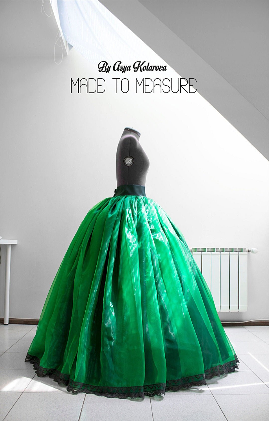 Emerald Green Organza Ball Gown Skirt with Lace Trim and Satin Underlayer Made - To - Measure - Made To Measure Skirts By Asya Kolarova