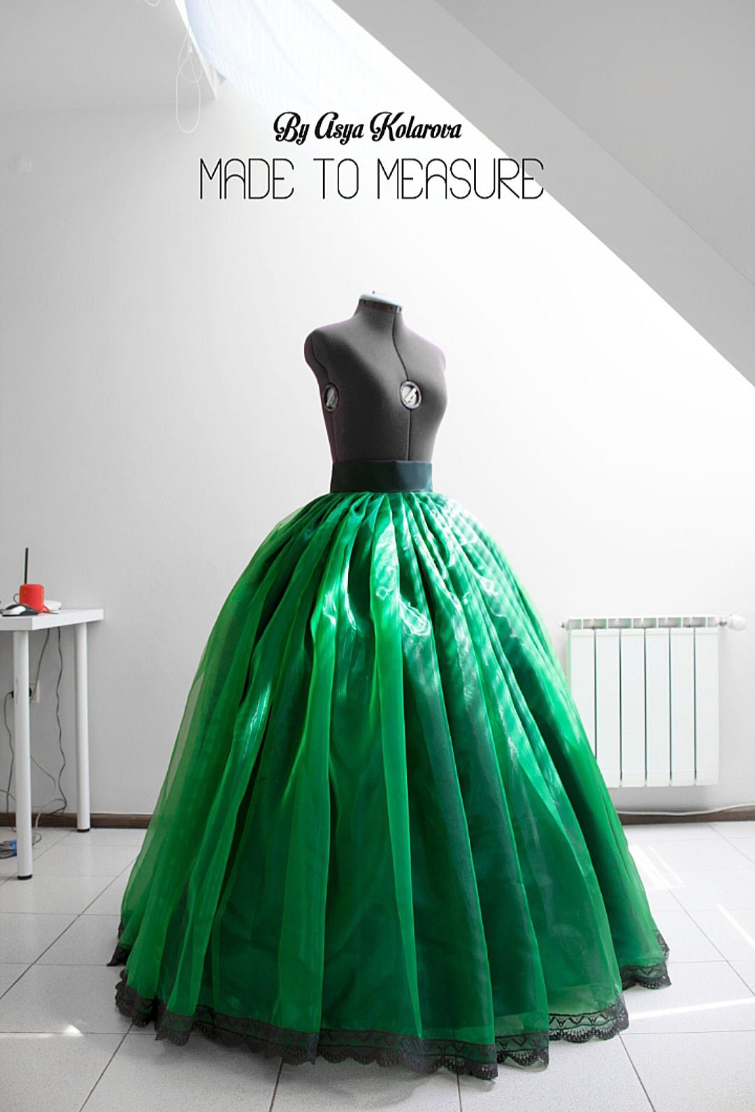 Emerald Green Organza Ball Gown Skirt with Lace Trim and Satin Underlayer Made - To - Measure - Made To Measure Skirts By Asya Kolarova