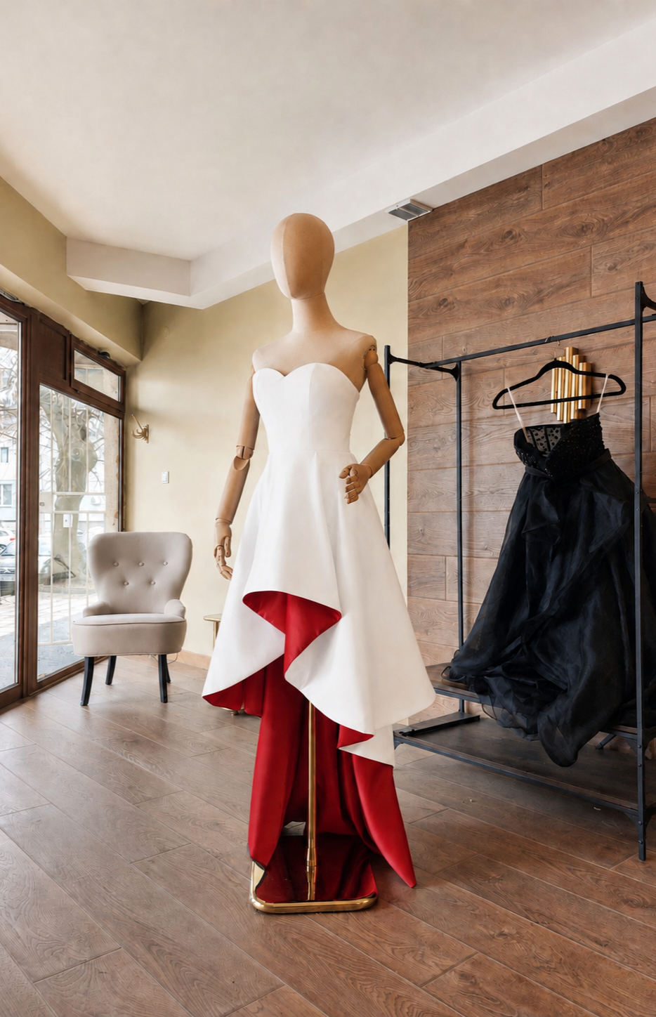 White and Red Matte Satin Wedding Dress – Strapless Corset High-Low Train Gown