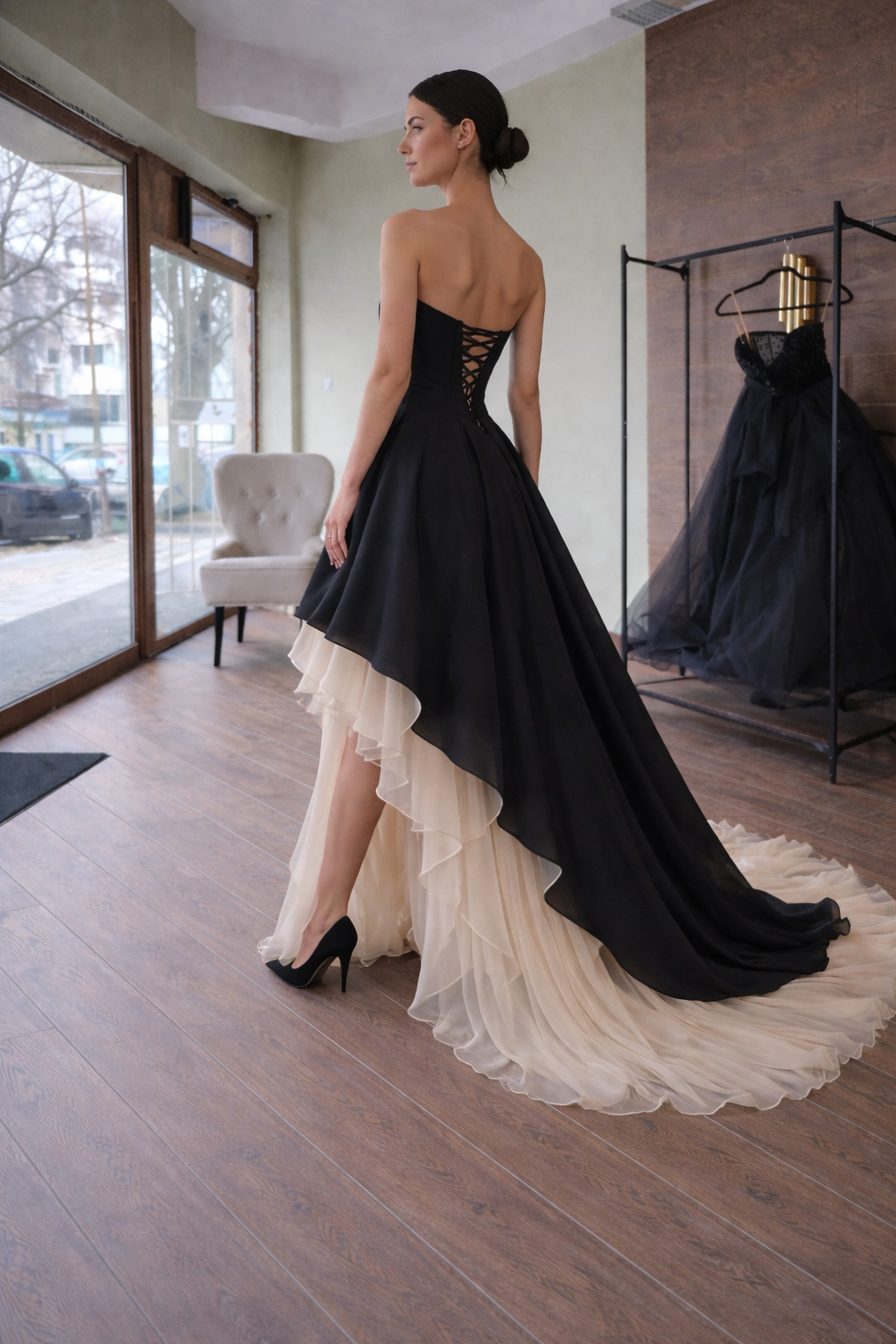 Black & Ivory High Low Evening Dress