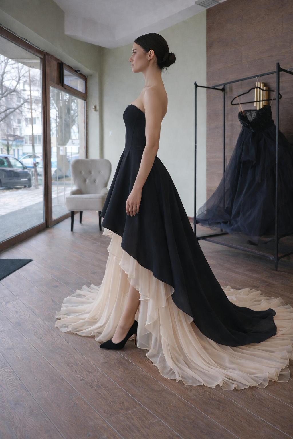 Black & Ivory High Low Evening Dress