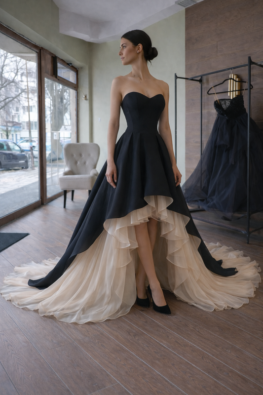 Black & Ivory High Low Evening Dress