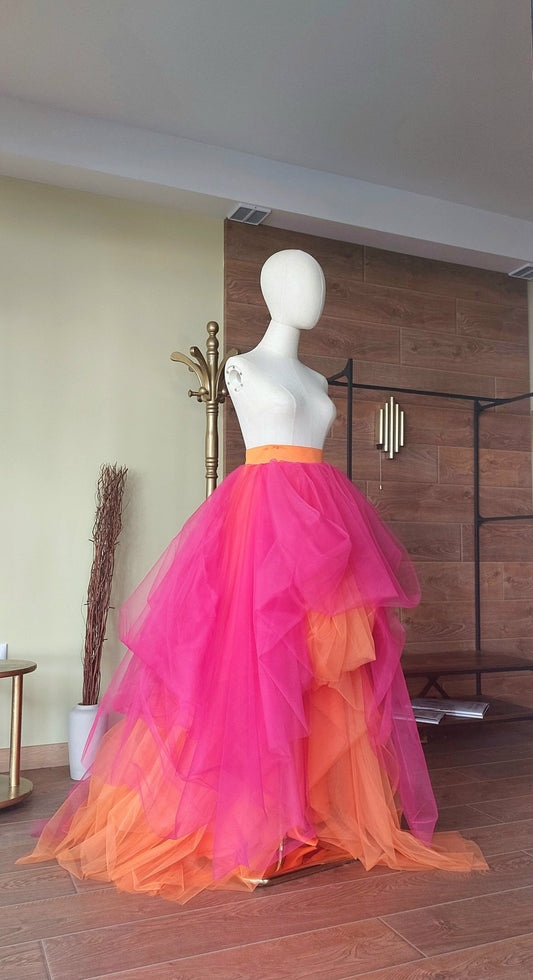 Fuchsia & Orange High-Low Statement Skirt with Cascading Layers - Asya Kolarova