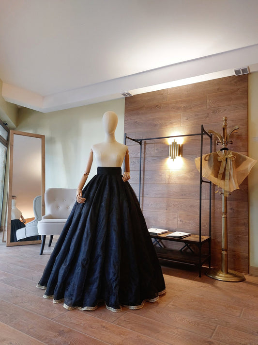 Gothic Ball Skirt Black Princess Skirt in Satin & Organza – Dramatic Cosplay Ball Gown with Gold Lace Trim - Made To Measure Skirts By Asya Kolarova