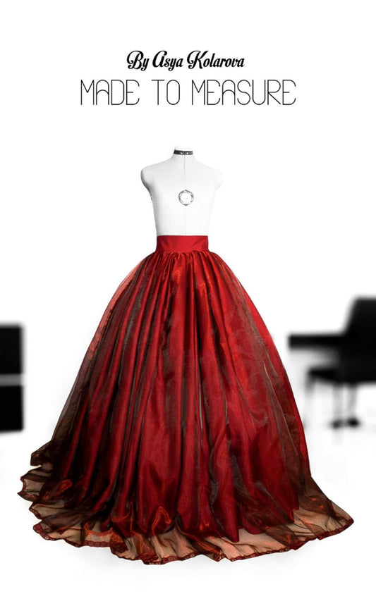 Handmade Dark Red Burgundy Ball Gown Skirt - Organza and Satin Layers, Pleats, Lace Trim - Made - to - Measure Elegance" - Made To Measure Skirts By Asya Kolarova