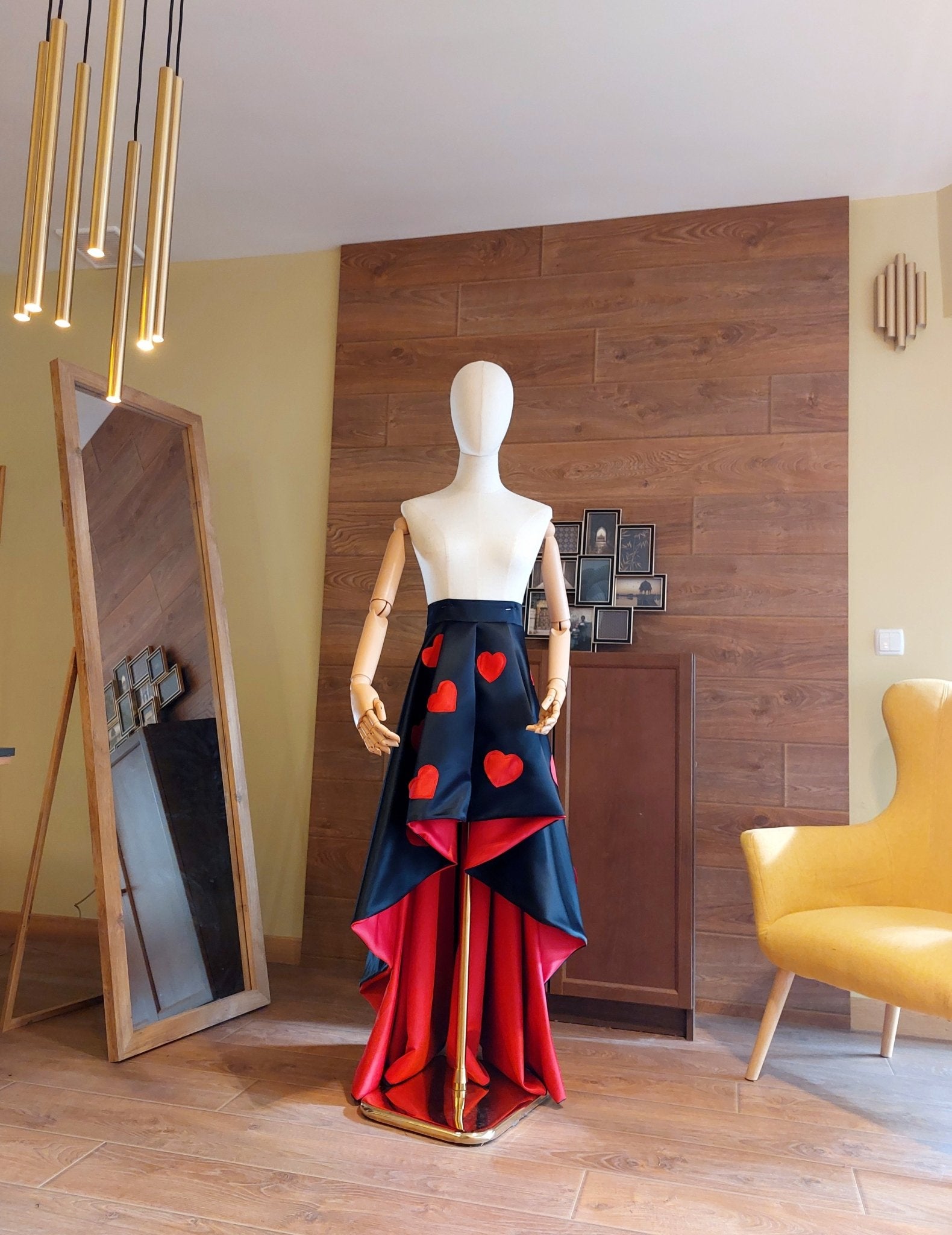 High - Low Satin Skirt: Red Hearts, Custom Made Formal Gown - Made To Measure Skirts By Asya Kolarova