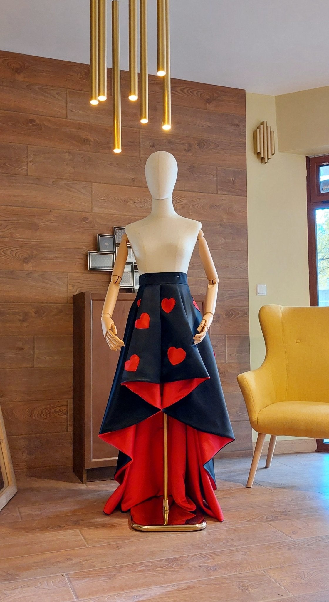 High - Low Satin Skirt: Red Hearts, Custom Made Formal Gown - Made To Measure Skirts By Asya Kolarova