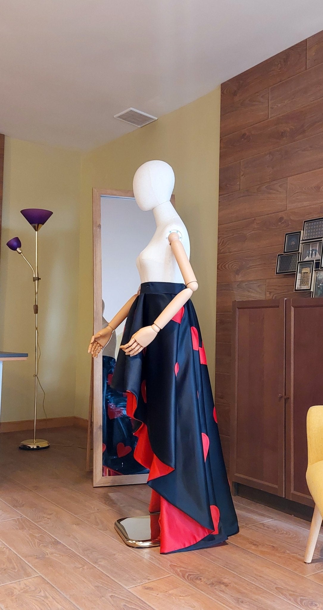 High - Low Satin Skirt: Red Hearts, Custom Made Formal Gown - Made To Measure Skirts By Asya Kolarova