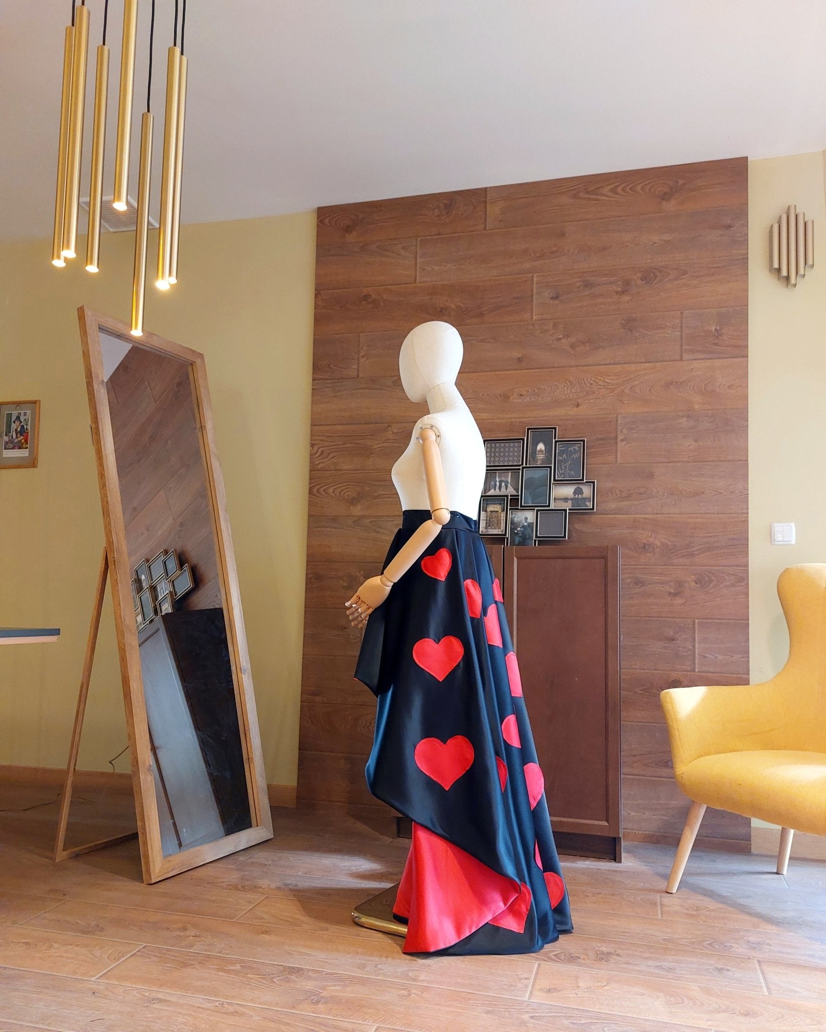 High - Low Satin Skirt: Red Hearts, Custom Made Formal Gown - Made To Measure Skirts By Asya Kolarova