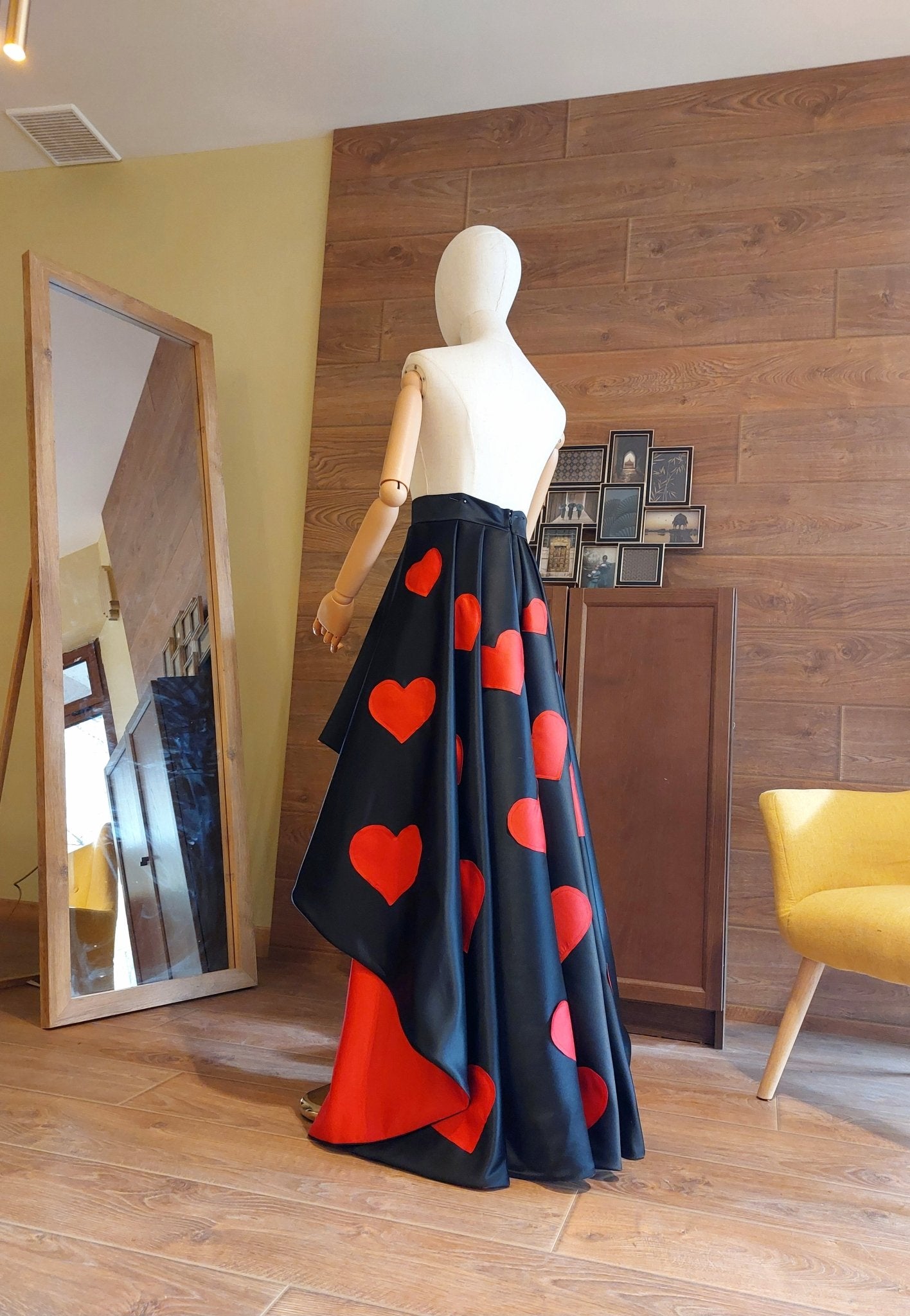 High - Low Satin Skirt: Red Hearts, Custom Made Formal Gown - Made To Measure Skirts By Asya Kolarova