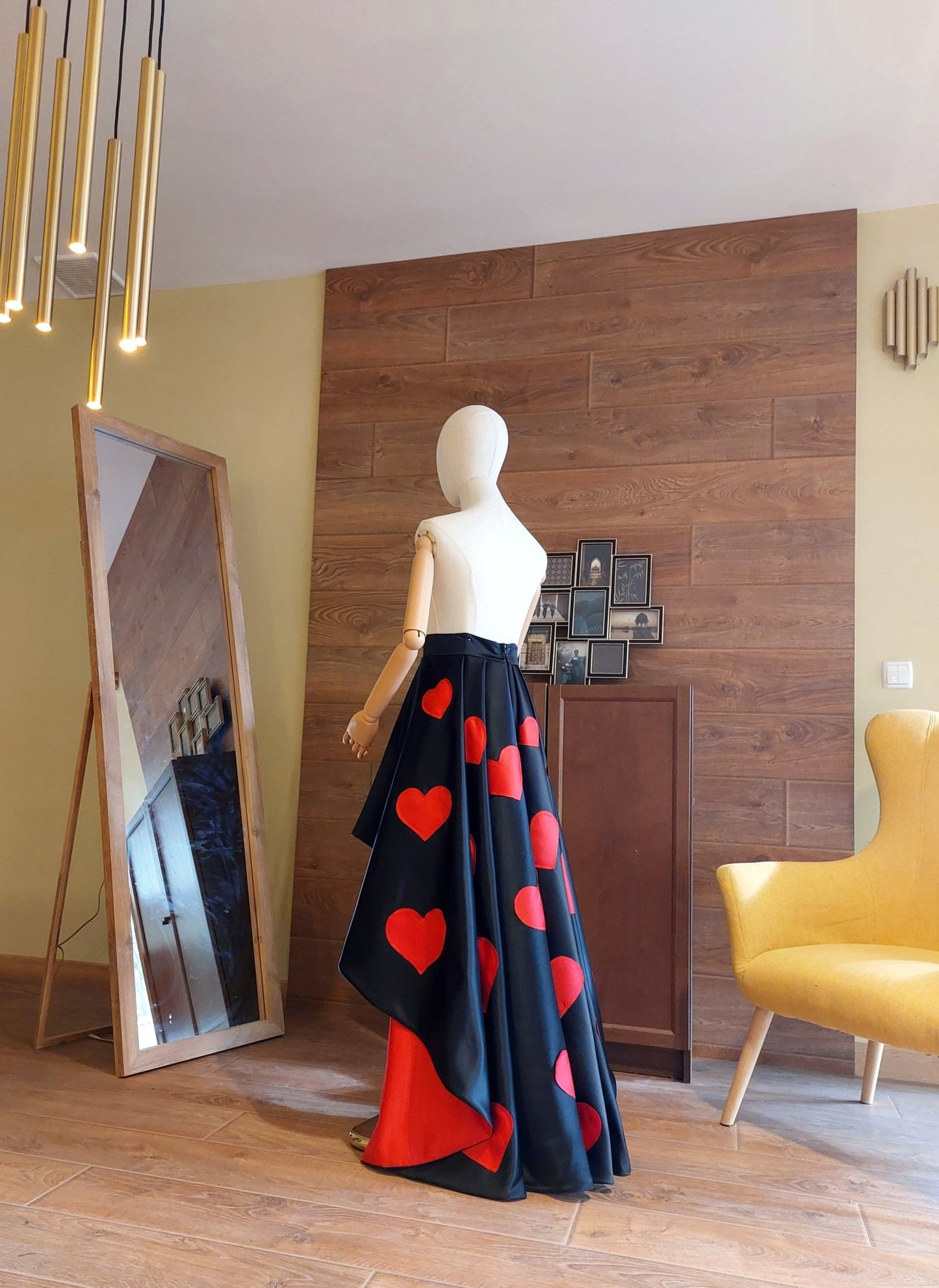 High - Low Satin Skirt: Red Hearts, Custom Made Formal Gown - Made To Measure Skirts By Asya Kolarova