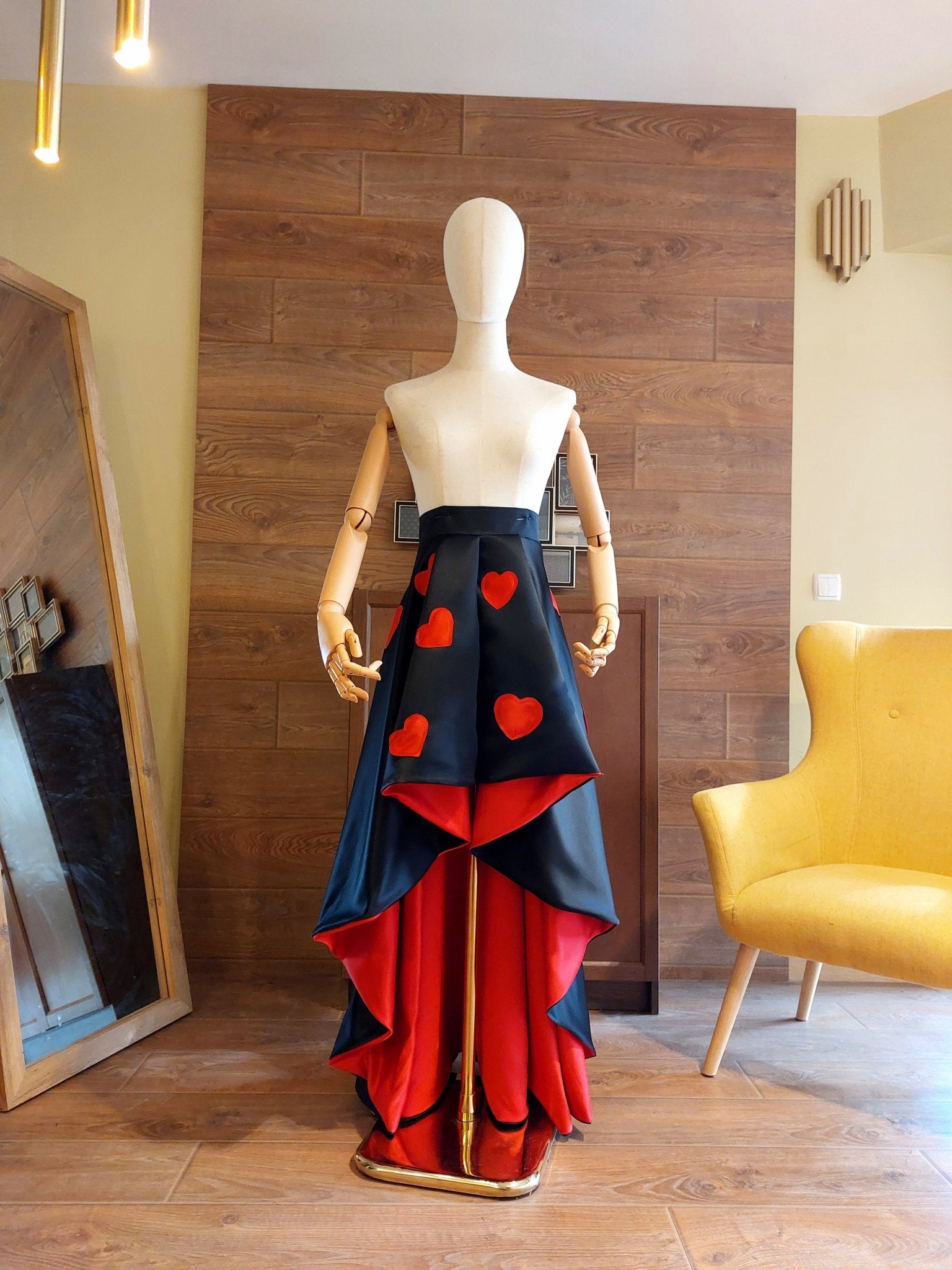 High - Low Satin Skirt: Red Hearts, Custom Made Formal Gown - Made To Measure Skirts By Asya Kolarova
