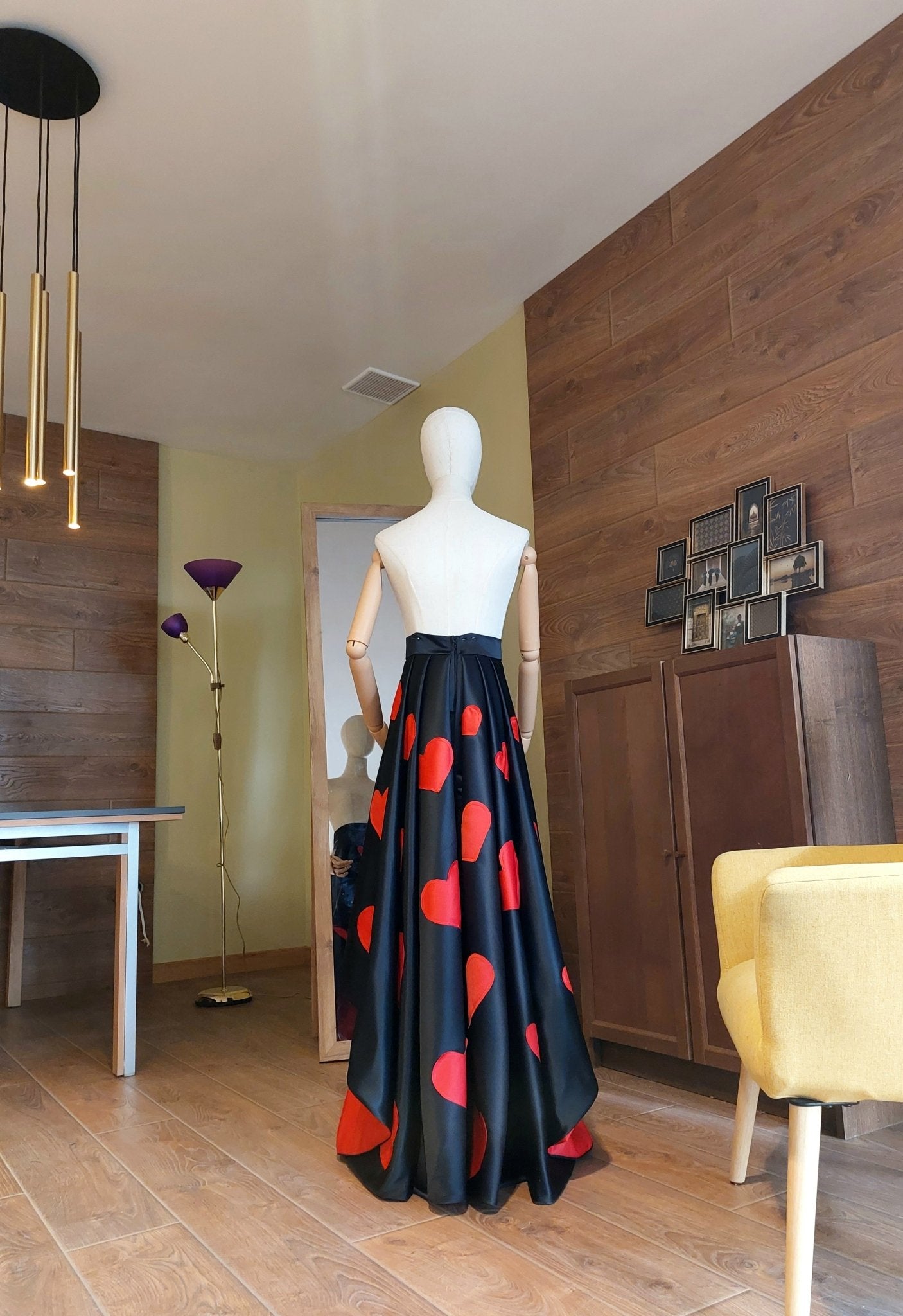 High - Low Satin Skirt: Red Hearts, Custom Made Formal Gown - Made To Measure Skirts By Asya Kolarova