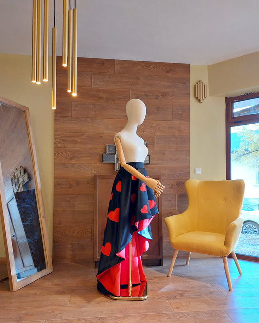 High - Low Satin Skirt: Red Hearts, Custom Made Formal Gown - Made To Measure Skirts By Asya Kolarova