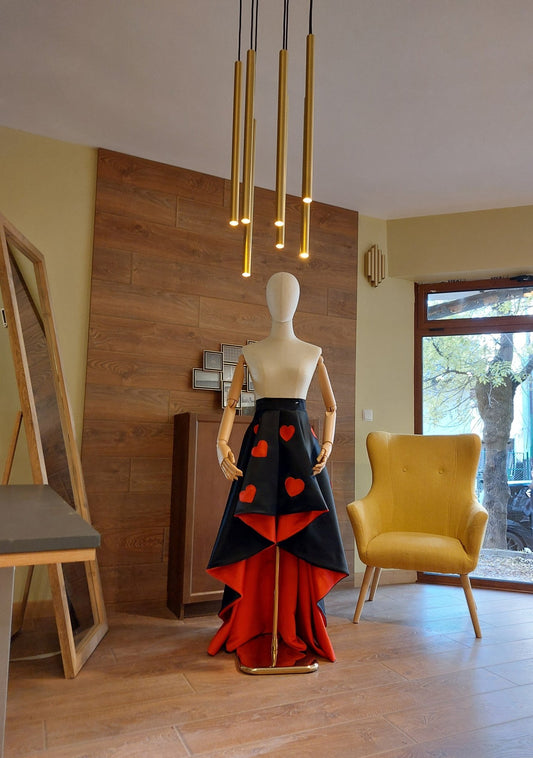 High - Low Satin Skirt: Red Hearts, Custom Made Formal Gown - Made To Measure Skirts By Asya Kolarova