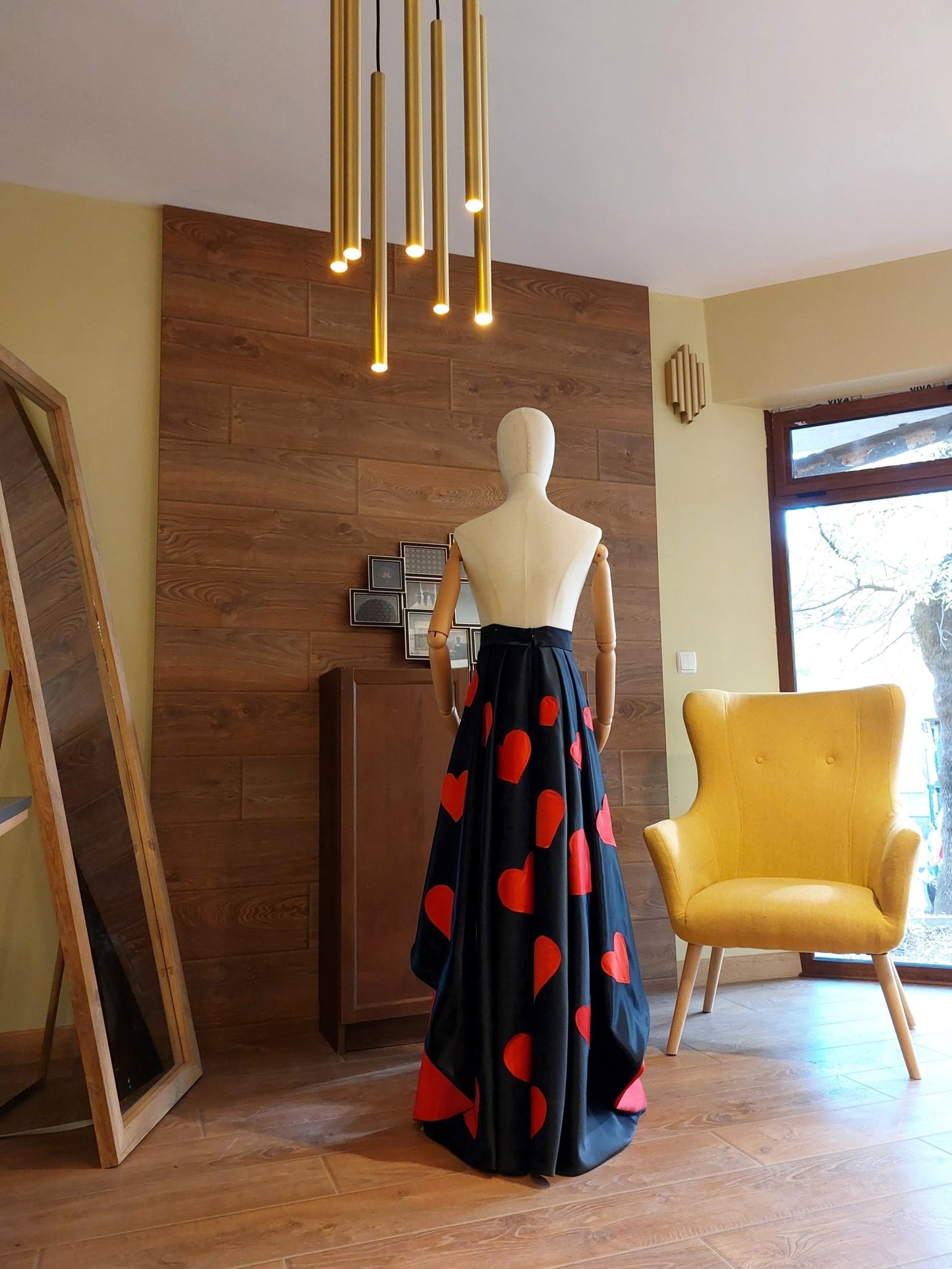 High - Low Satin Skirt: Red Hearts, Custom Made Formal Gown - Made To Measure Skirts By Asya Kolarova