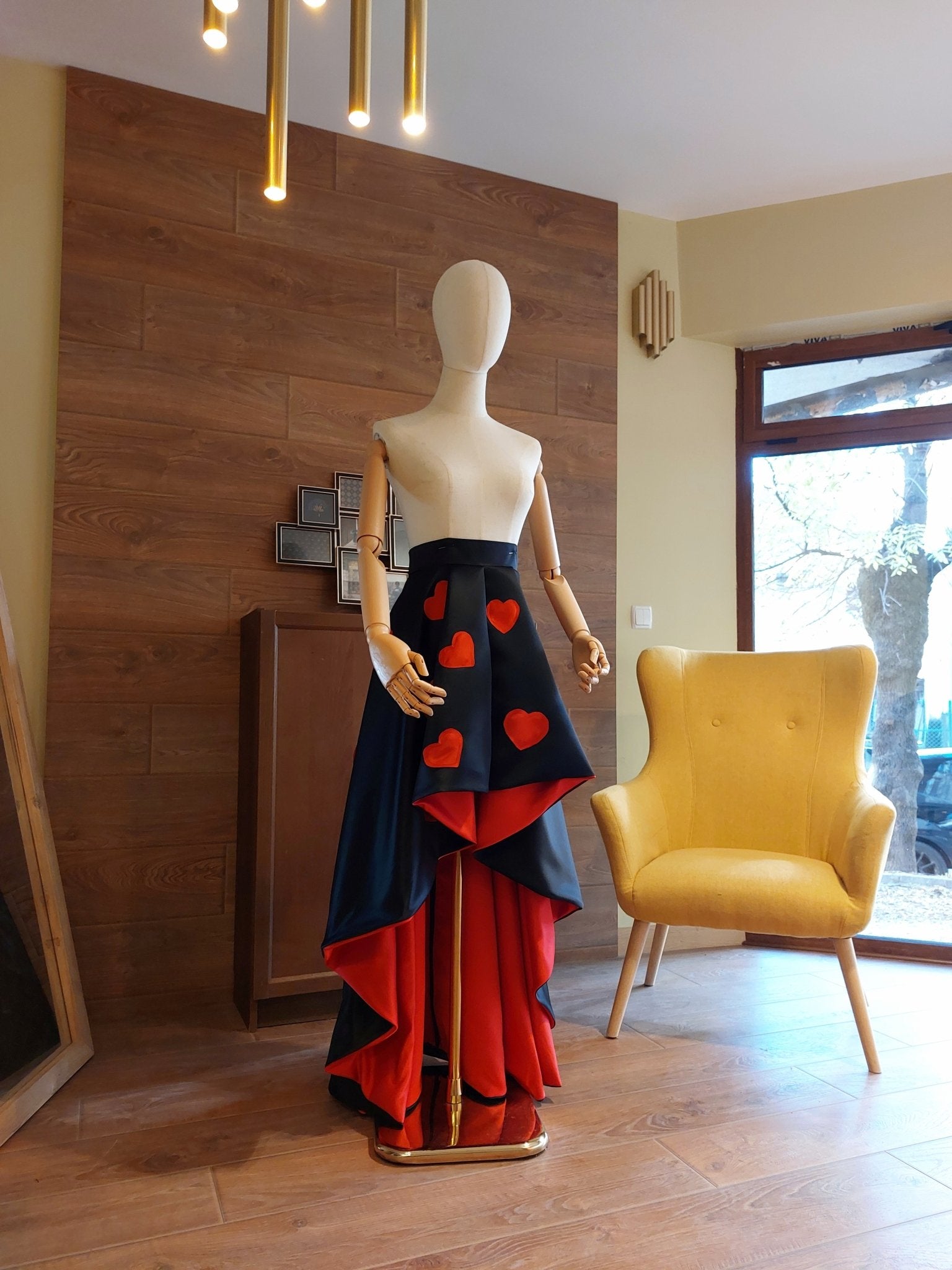 High - Low Satin Skirt: Red Hearts, Custom Made Formal Gown - Made To Measure Skirts By Asya Kolarova