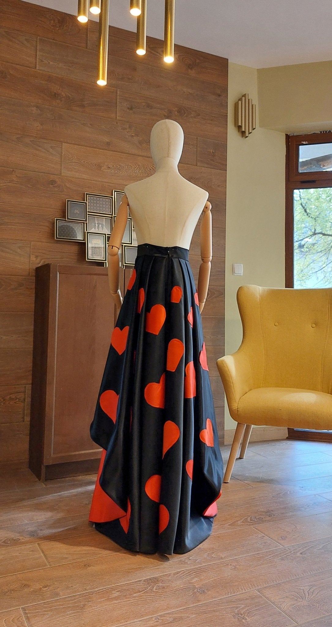 High - Low Satin Skirt: Red Hearts, Custom Made Formal Gown - Made To Measure Skirts By Asya Kolarova