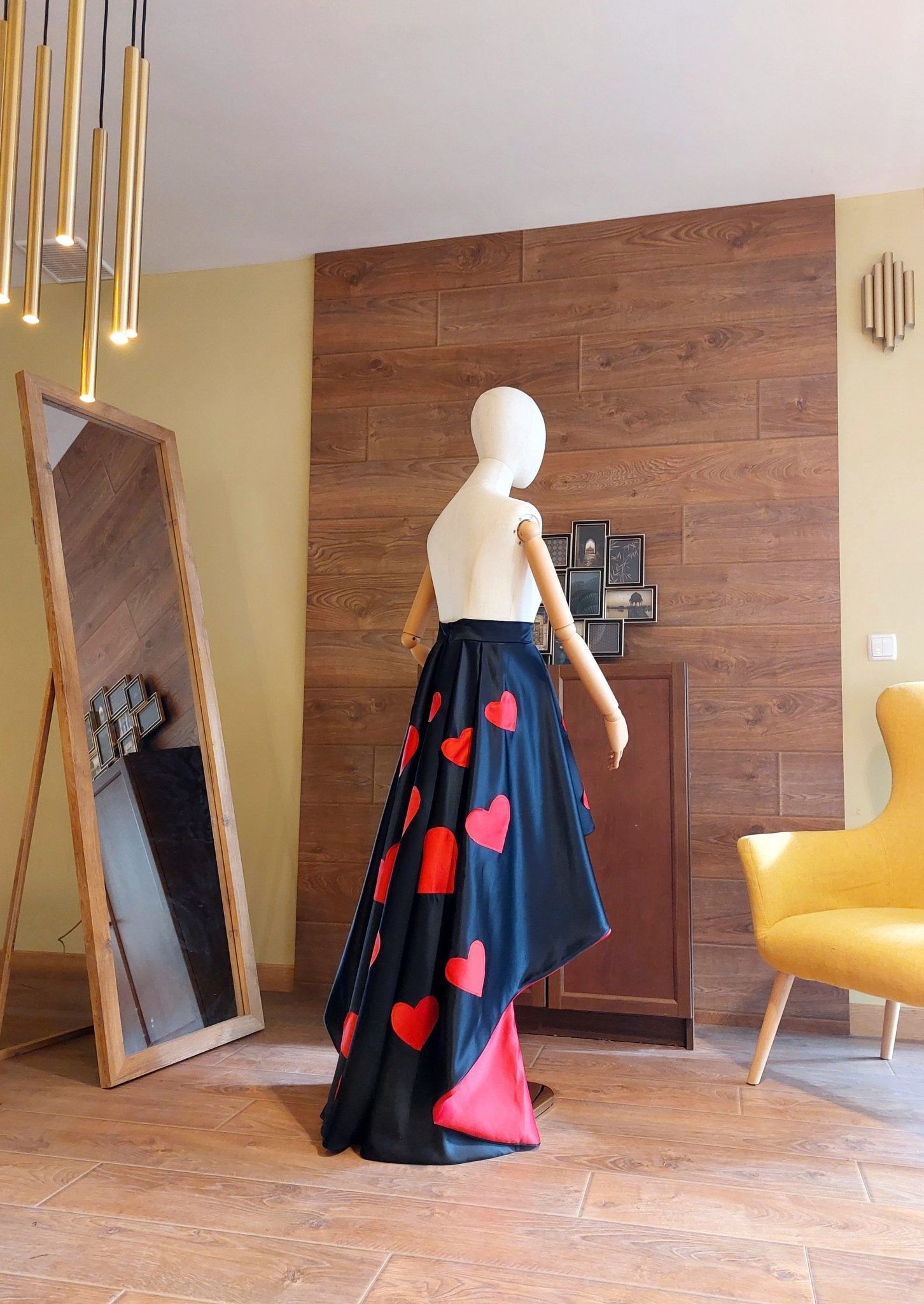 High - Low Satin Skirt: Red Hearts, Custom Made Formal Gown - Made To Measure Skirts By Asya Kolarova