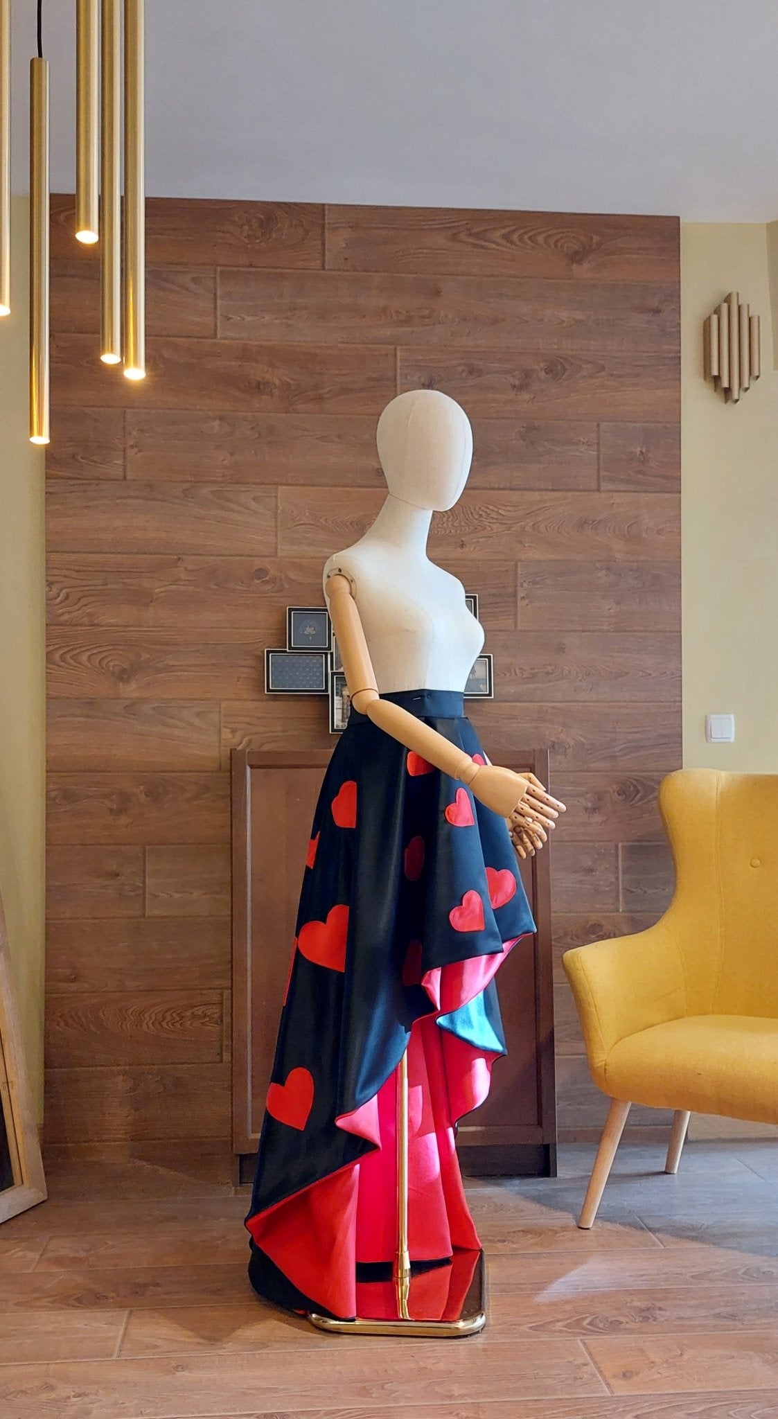 High - Low Satin Skirt: Red Hearts, Custom Made Formal Gown - Made To Measure Skirts By Asya Kolarova