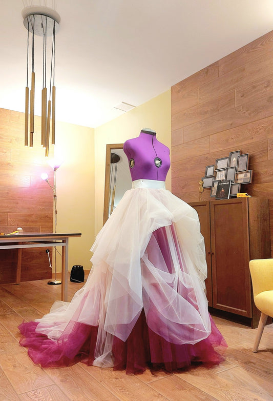 High - Low Tulle Skirt with Train Mulberry and Ivory Layered Tulle Skirt Dramatic Bridal Skirt Overskirt for Photoshoots Events - Made To Measure By Asya Kolarova