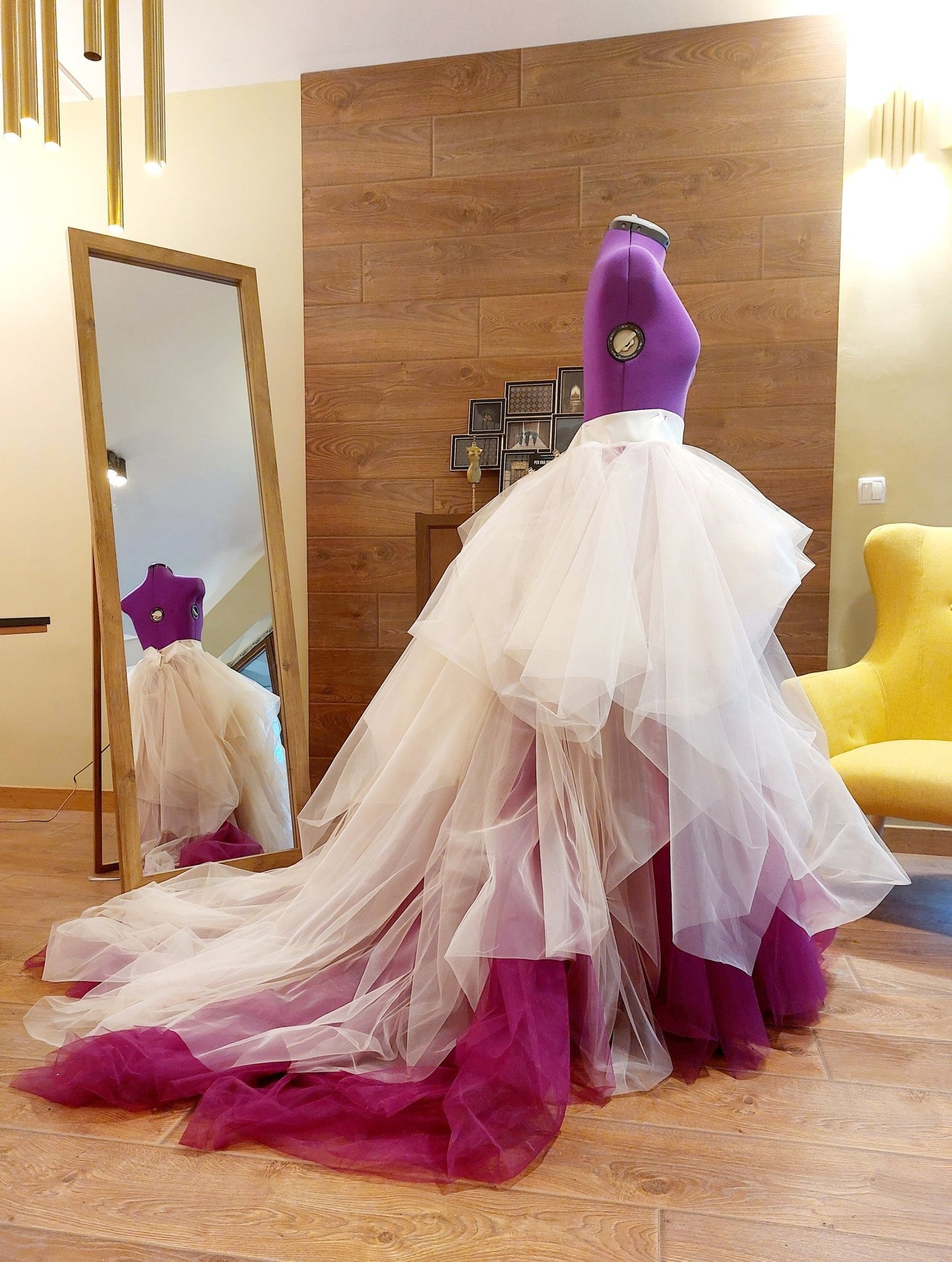 High - Low Tulle Skirt with Train Mulberry and Ivory Layered Tulle Skirt Dramatic Bridal Skirt Overskirt for Photoshoots Events - Made To Measure By Asya Kolarova