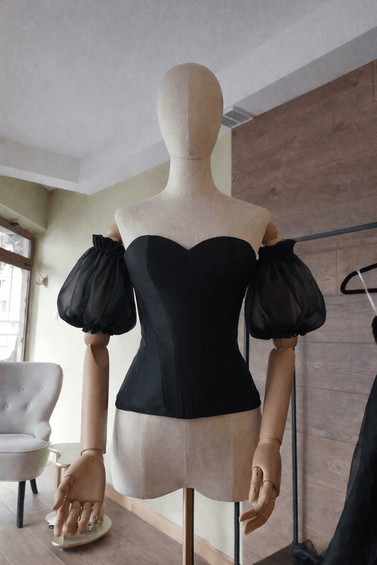 Hourglass Satin Corset Top – Quilted Cups, Lace - Up Back, Organza Puffy Sleeves - By Asya Kolarova