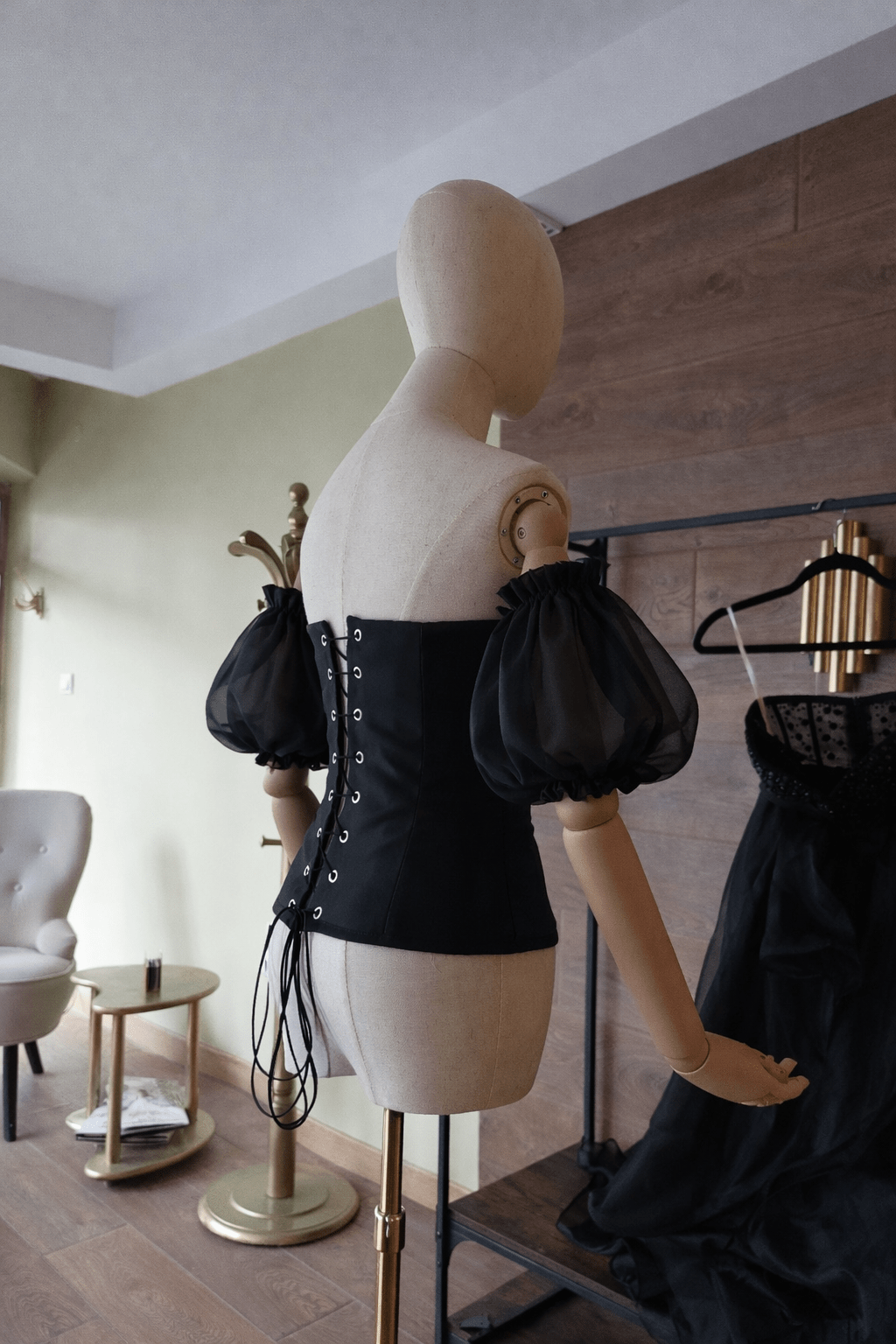Hourglass Satin Corset Top – Quilted Cups, Lace - Up Back, Organza Puffy Sleeves - By Asya Kolarova