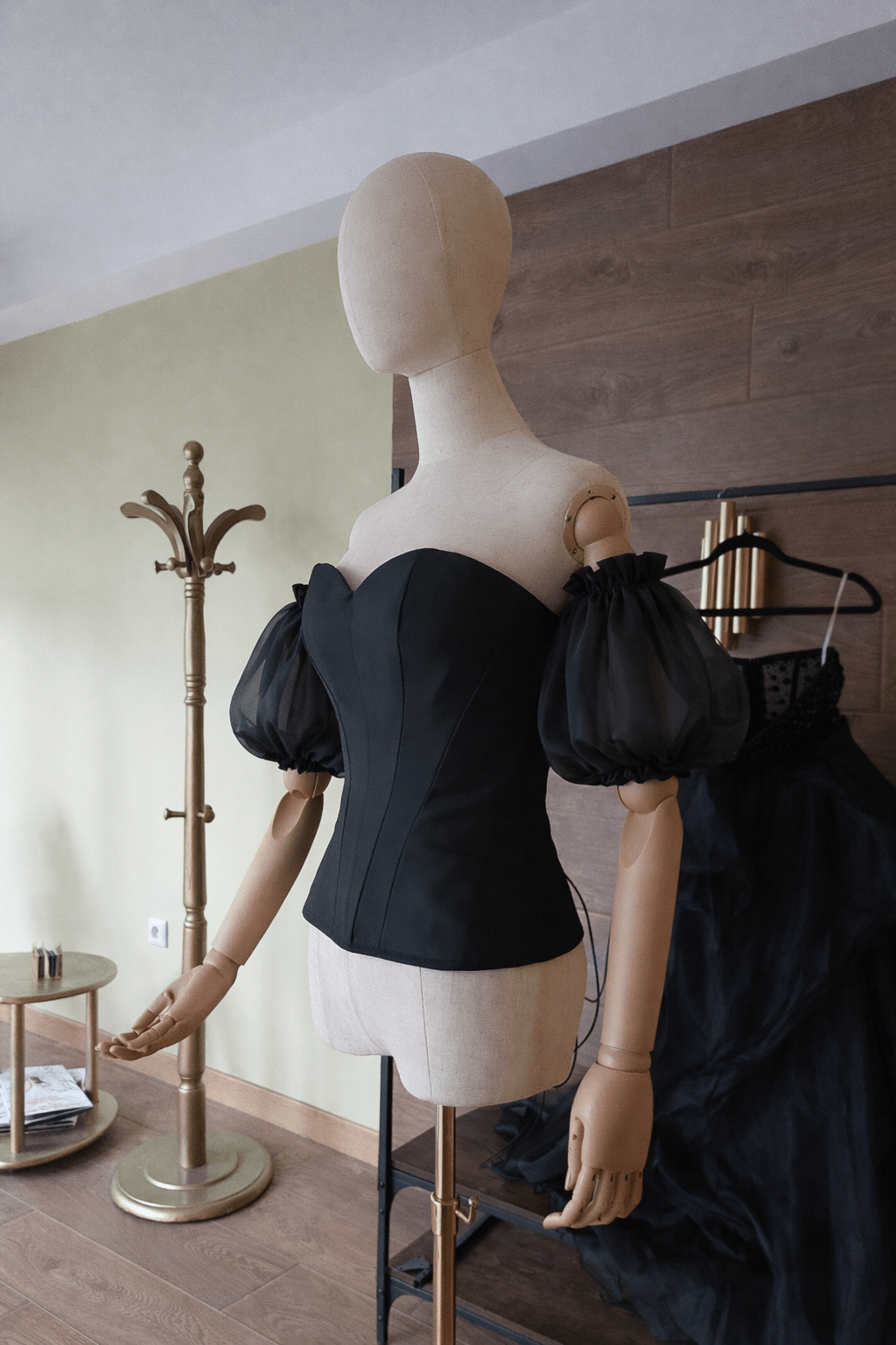 Hourglass Satin Corset Top – Quilted Cups, Lace - Up Back, Organza Puffy Sleeves - By Asya Kolarova