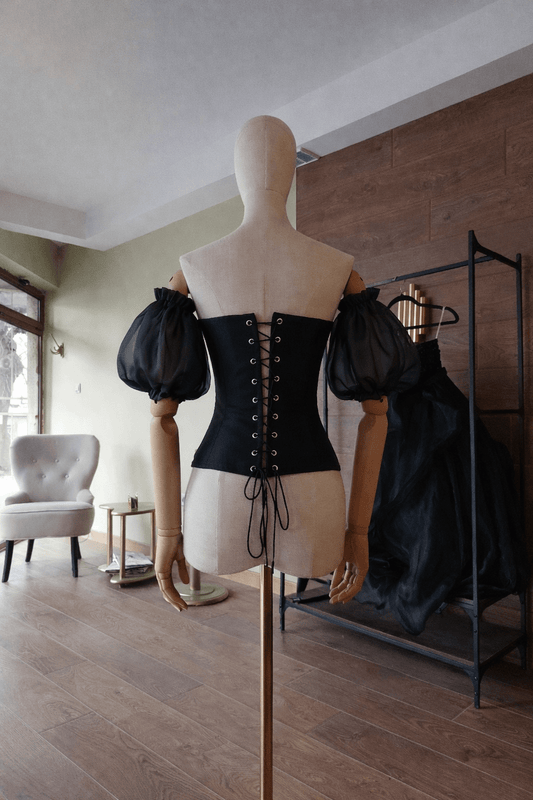 Hourglass Satin Corset Top – Quilted Cups, Lace - Up Back, Organza Puffy Sleeves - By Asya Kolarova