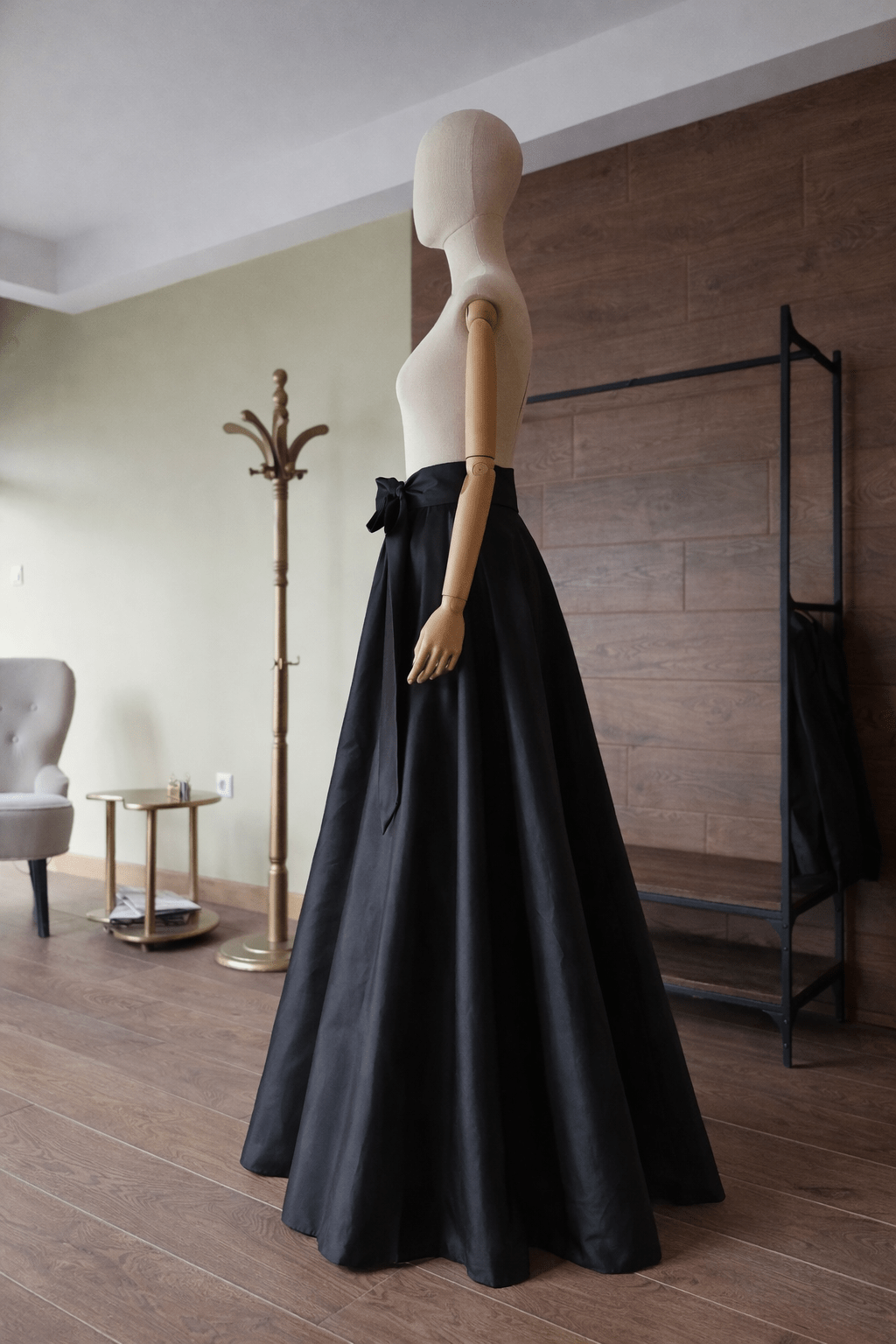 Long Black Taffeta Skirt: A - Line, Floor - Length, with Pockets and Soft Tie Bow Made - to - measure - By Asya Kolarova