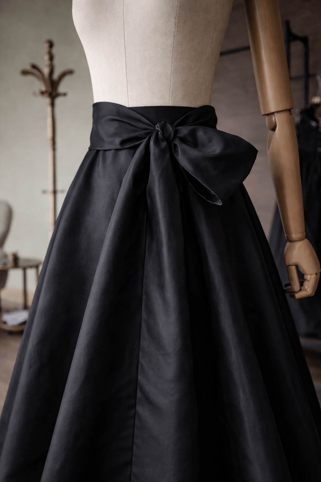 Long Black Taffeta Skirt: A - Line, Floor - Length, with Pockets and Soft Tie Bow Made - to - measure - By Asya Kolarova