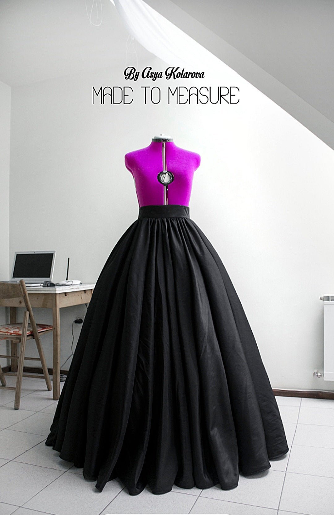 Long Black Taffeta Skirt with Gathers and Hoops Underskirt (Crinoline) Made - to - measure - Made To Measure By Asya Kolarova