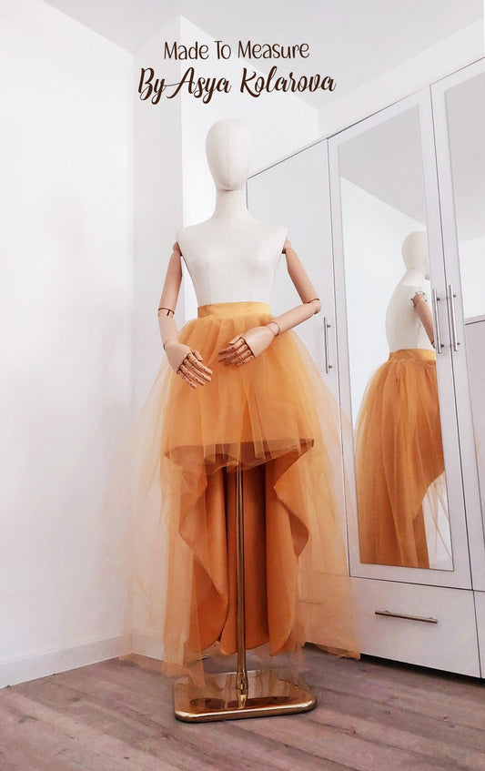 Luxury High Low Tulle Skirt – Puffy Asymmetrical Wedding Tutu with Satin Base – Custom Made Formal Skirt in Golden Ochre Bridesmaid Skirt - Made To Measure Skirts By Asya Kolarova