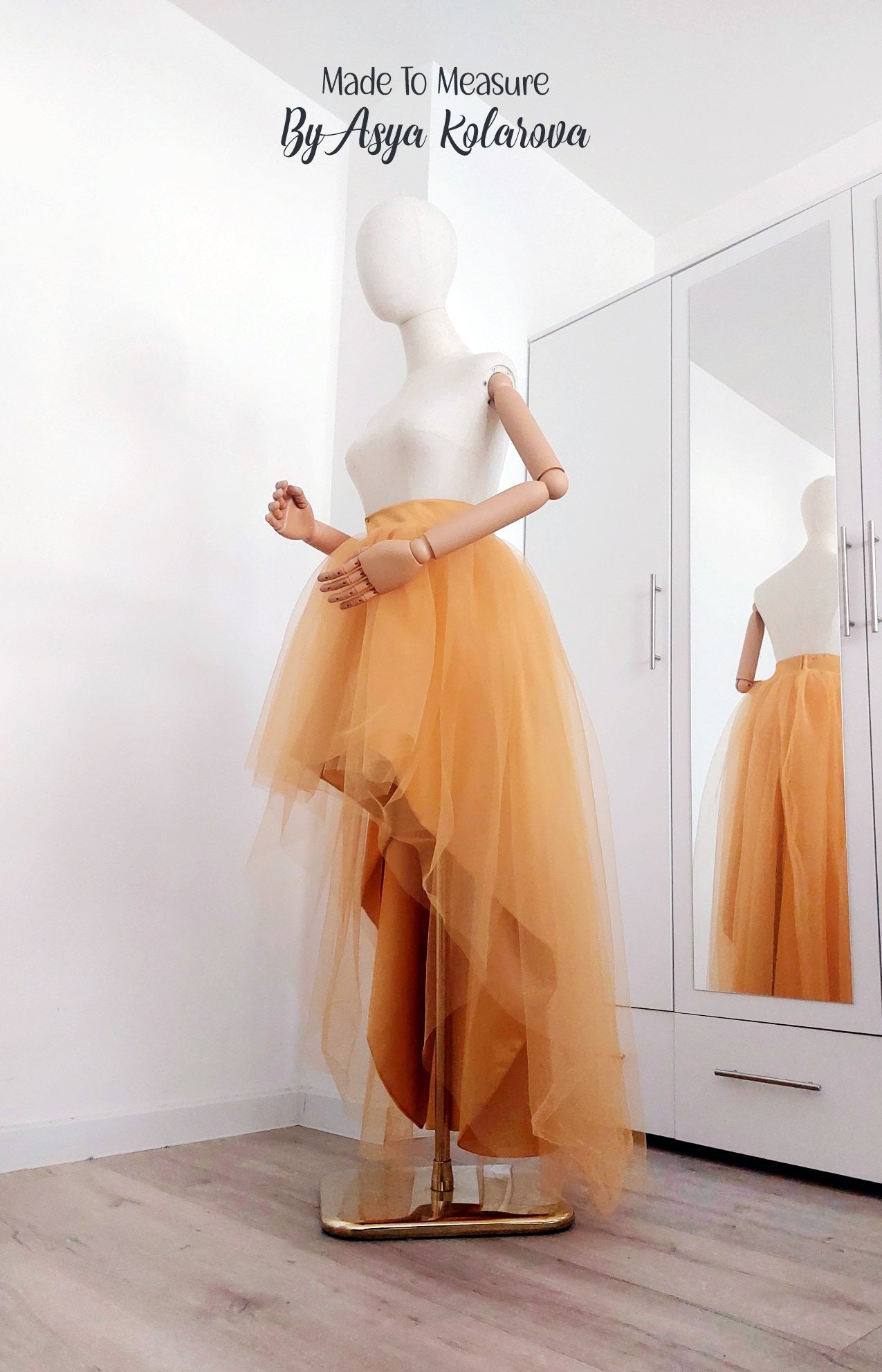 Luxury High Low Tulle Skirt – Puffy Asymmetrical Wedding Tutu with Satin Base – Custom Made Formal Skirt in Golden Ochre Bridesmaid Skirt - Made To Measure Skirts By Asya Kolarova