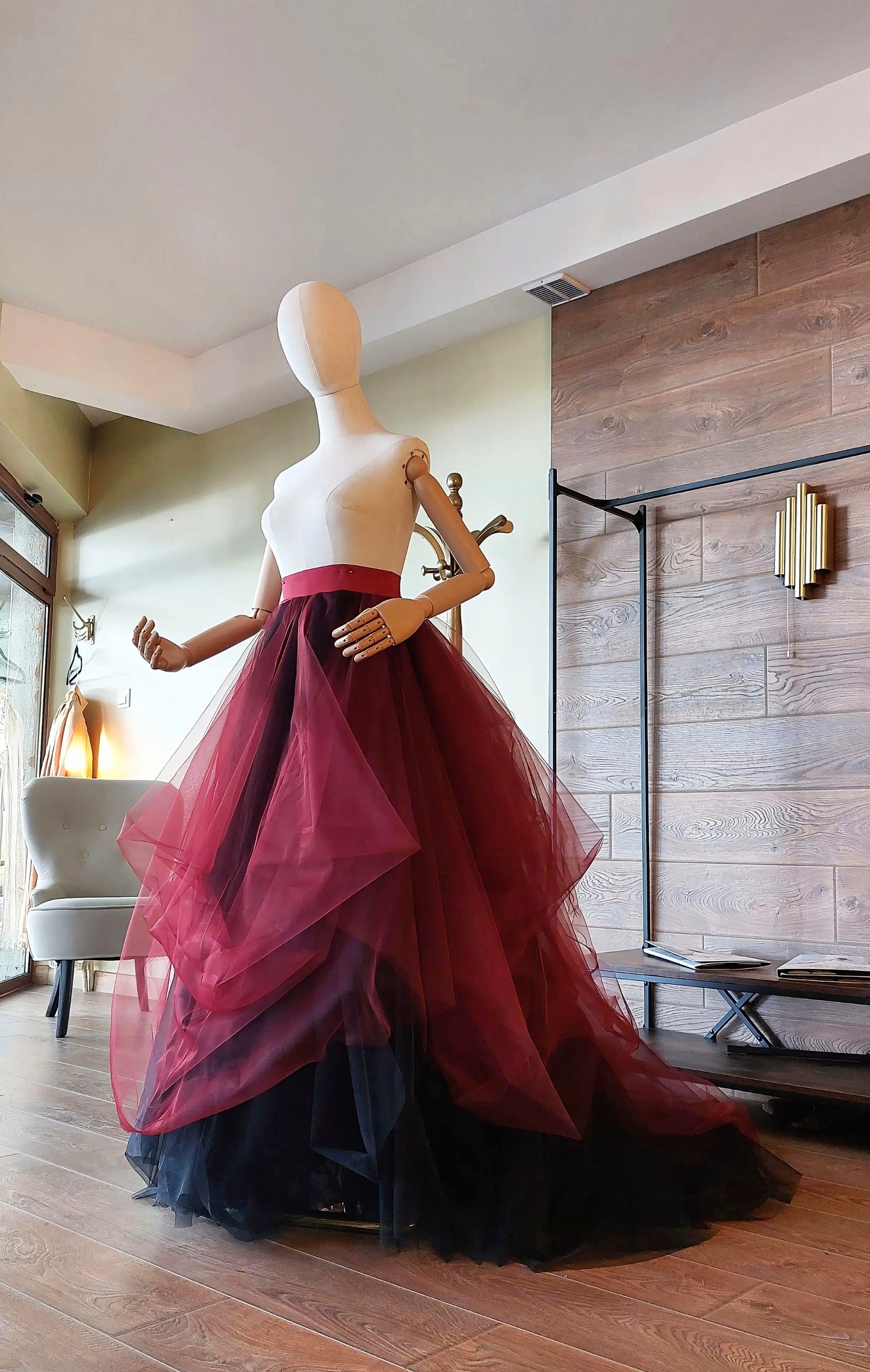 Burgundy Black Draped Tulle Skirt with Train, Layered Maxi Skirt, Gothic Wedding Skirt, Alternative Bridal Skirt, Custom Made