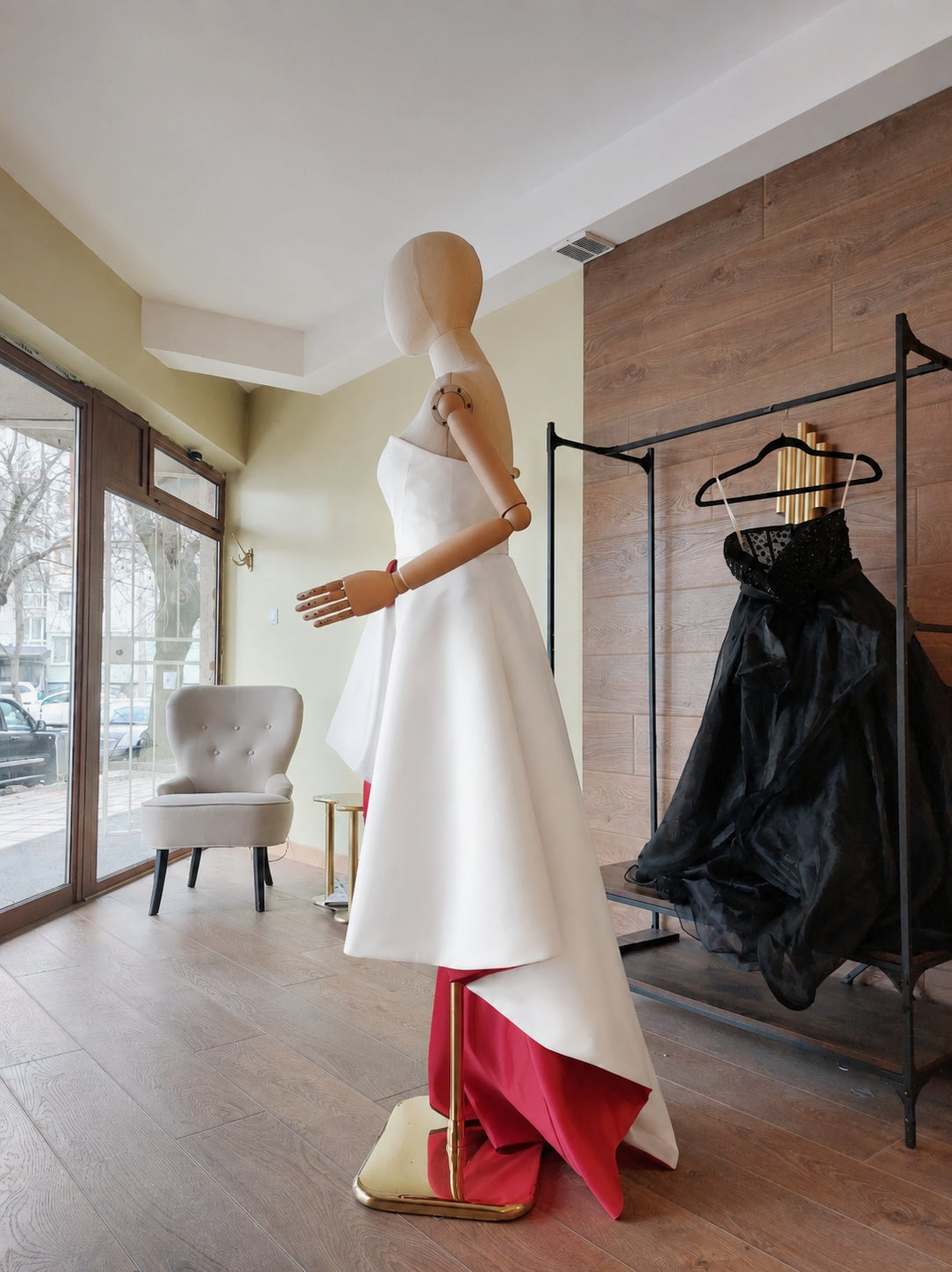 White and Red Matte Satin Wedding Dress – Strapless Corset High-Low Train Gown