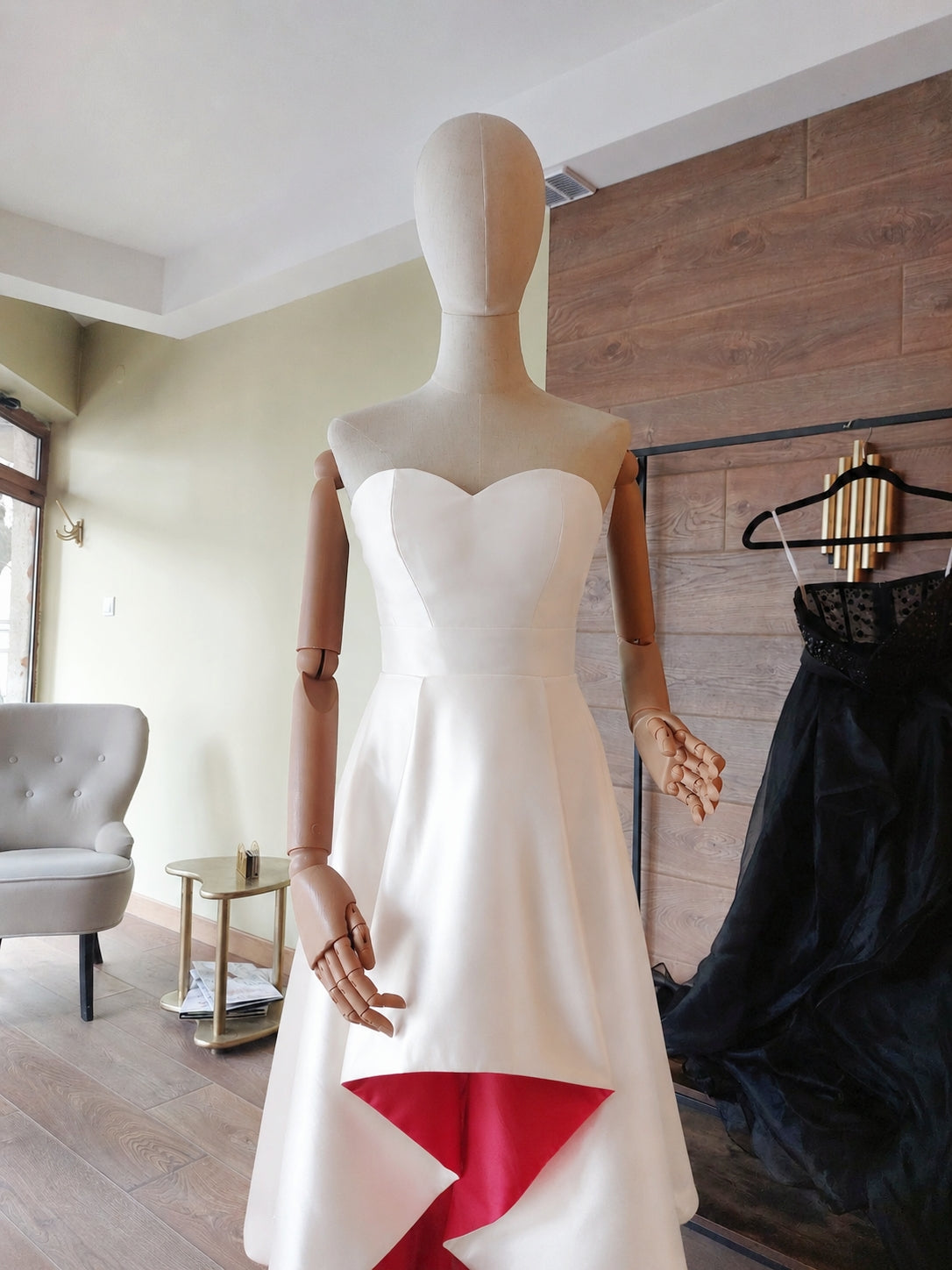 White and Red Matte Satin Wedding Dress – Strapless Corset High-Low Train Gown