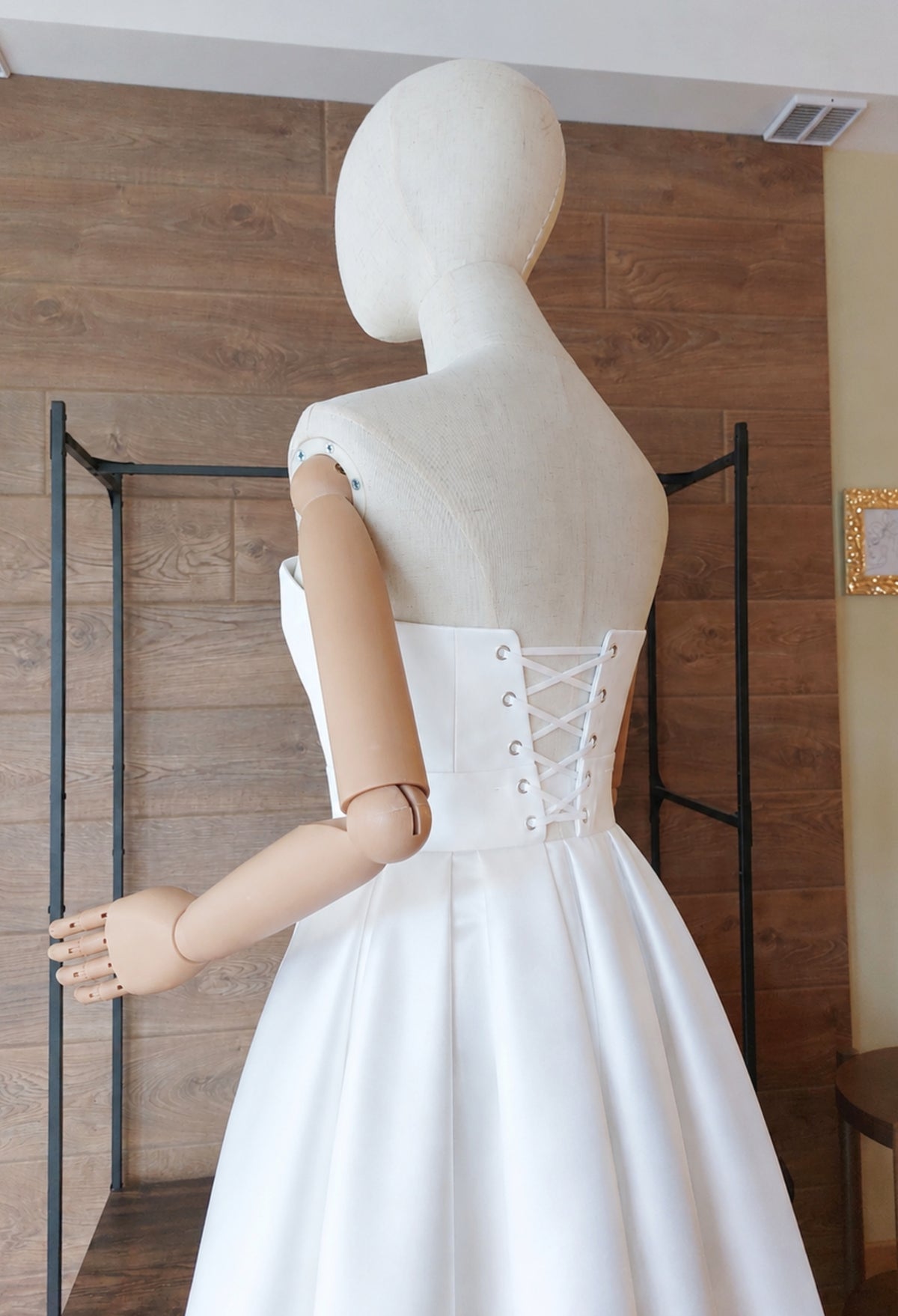 White and Red Matte Satin Wedding Dress – Strapless Corset High-Low Train Gown