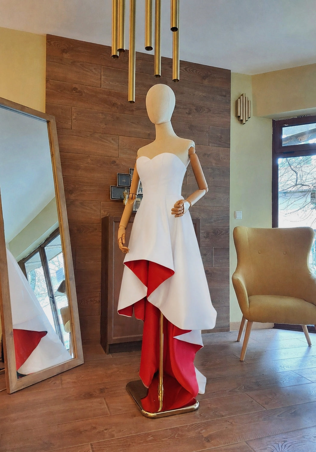 White and Red Matte Satin Wedding Dress – Strapless Corset High-Low Train Gown