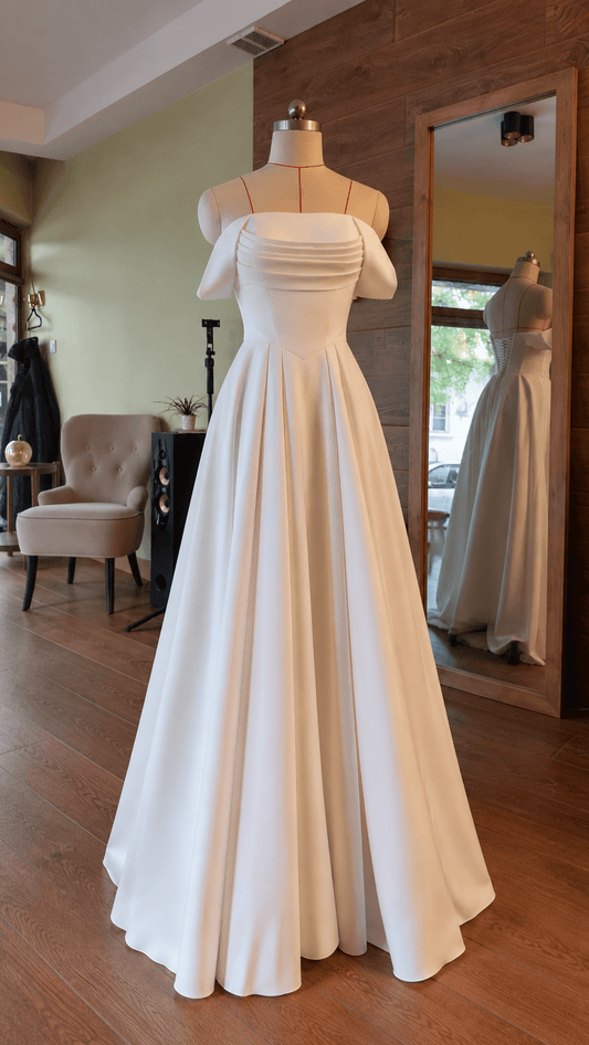 Milk White Off-Shoulder Wedding Dress with Draped Bodice & V-Shaped Waist | Made to Measure - Asya Kolarova