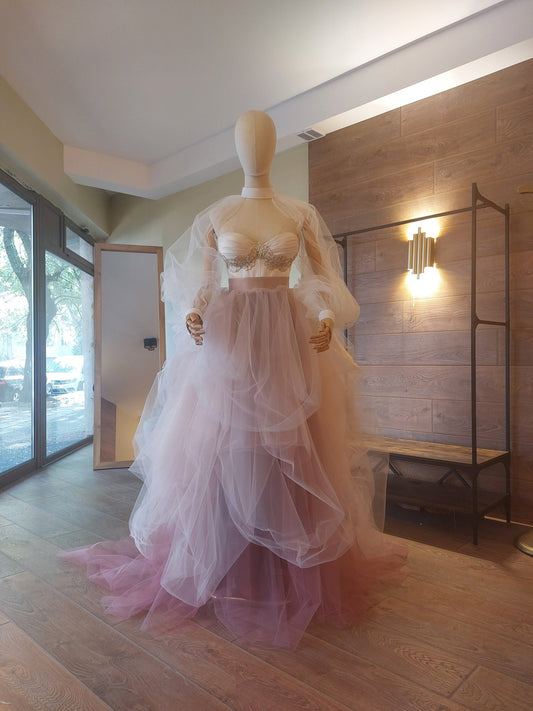 Ombre Tulle Wedding Separates: Corset with Gold Lace, Puffy Sleeves - Made To Measure Skirts By Asya Kolarova