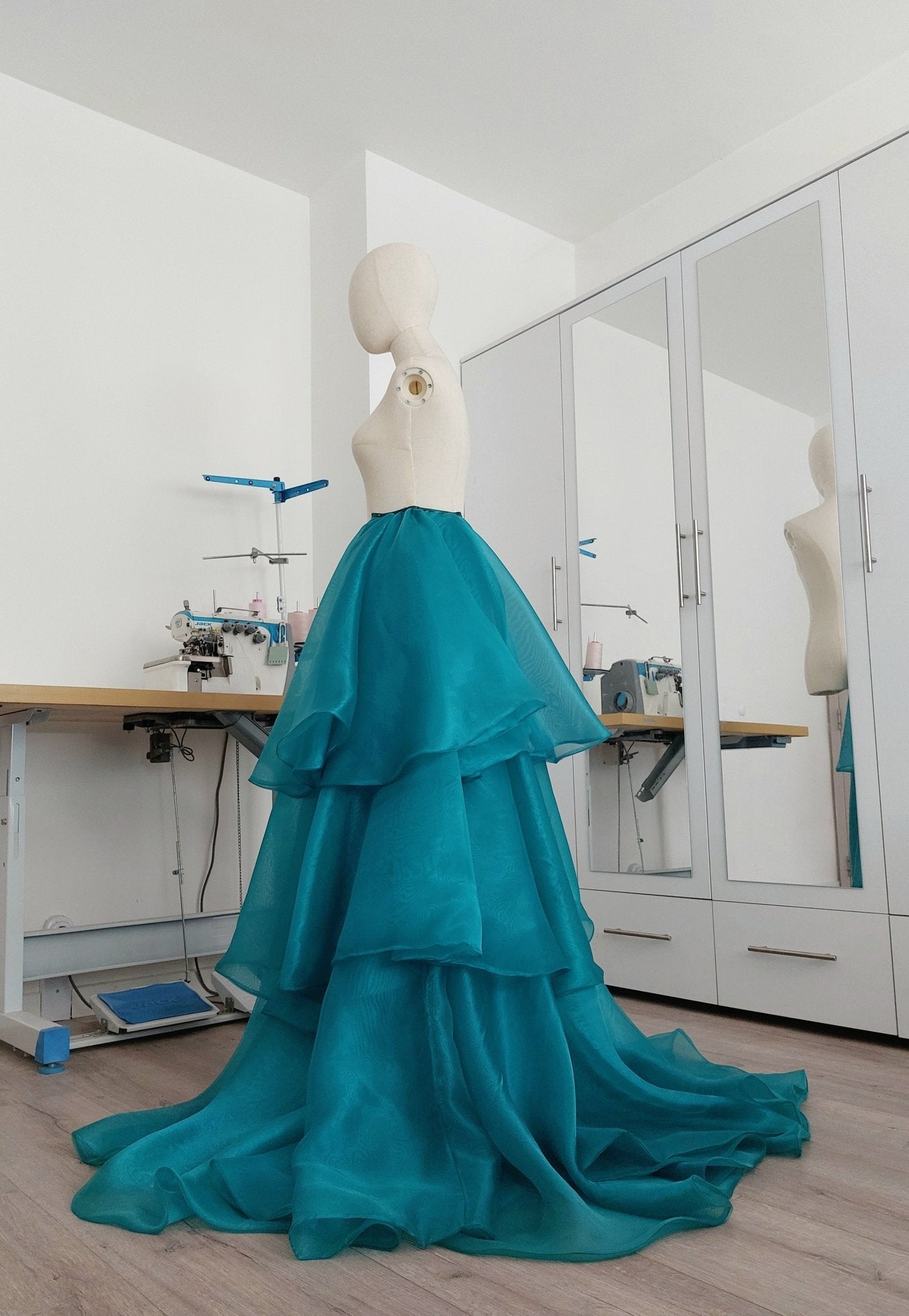 Organza Side Skirt Teal Blue Overskirt with Dramatic Layers Skirt in Floors Formal Wrap Skirt for Prom Gala Photoshoots & Weddings - Made To Measure Skirts By Asya Kolarova