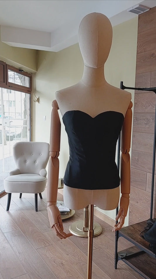 Hourglass Black Corset Top with Quilted Cups | Lace-Up Back Bustier | Custom Made Satin Corset