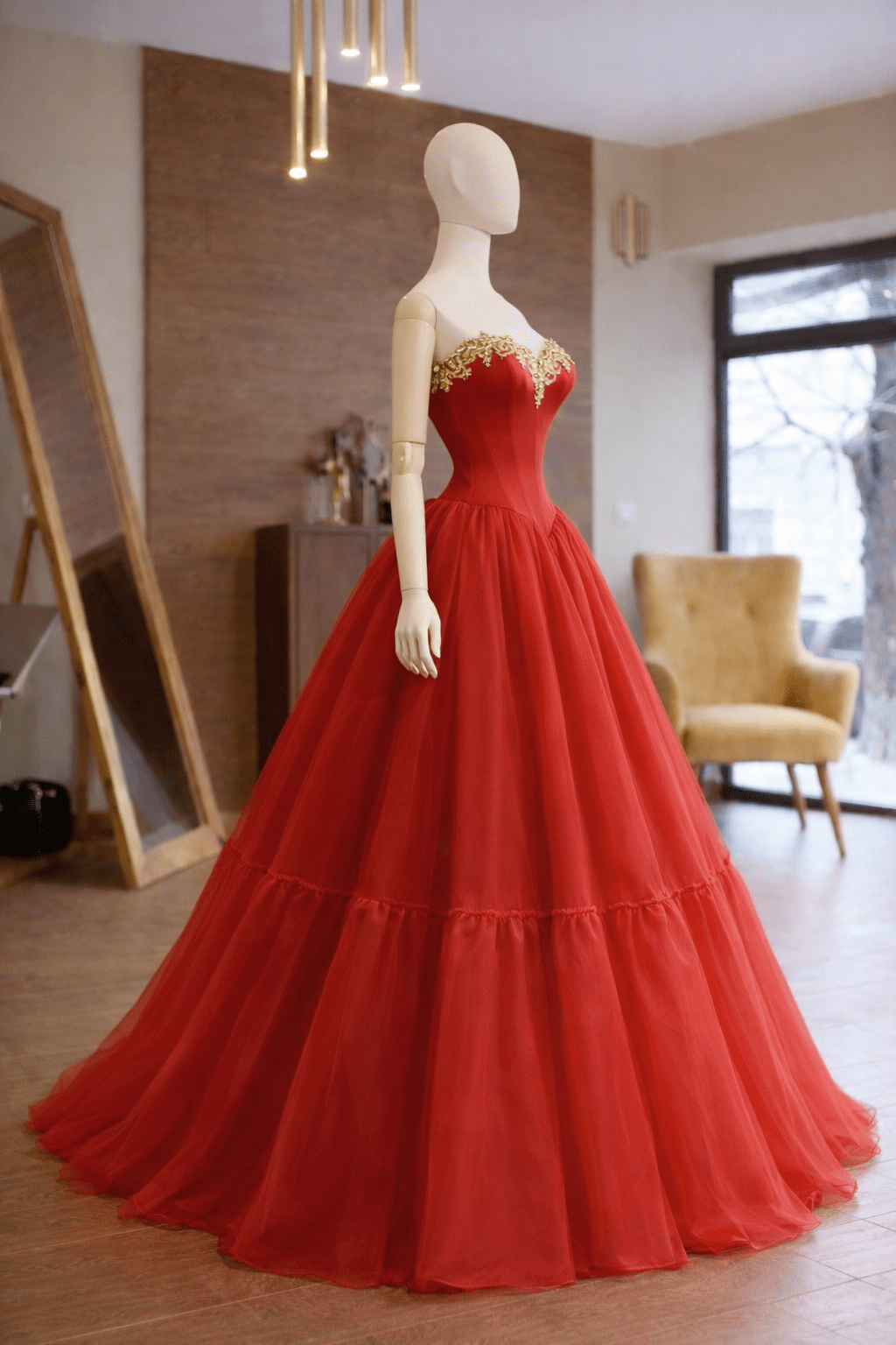 Red Ball Gown with Hourglass Corset & Gold Lace – Matte Satin & Organza, Custom Made Prom Dress - Made To Measure By Asya Kolarova