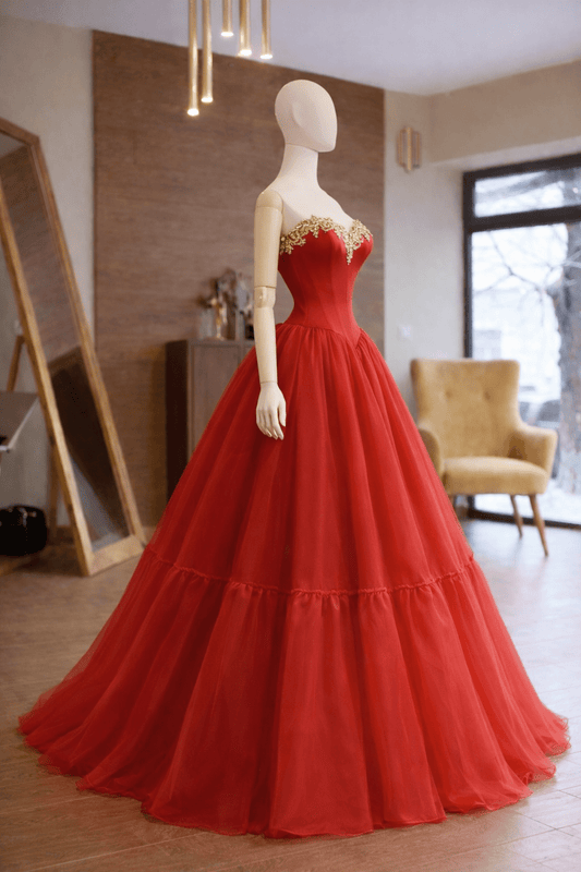 Red Ball Gown with Hourglass Corset & Gold Lace – Matte Satin & Organza, Custom Made Prom Dress - Made To Measure By Asya Kolarova